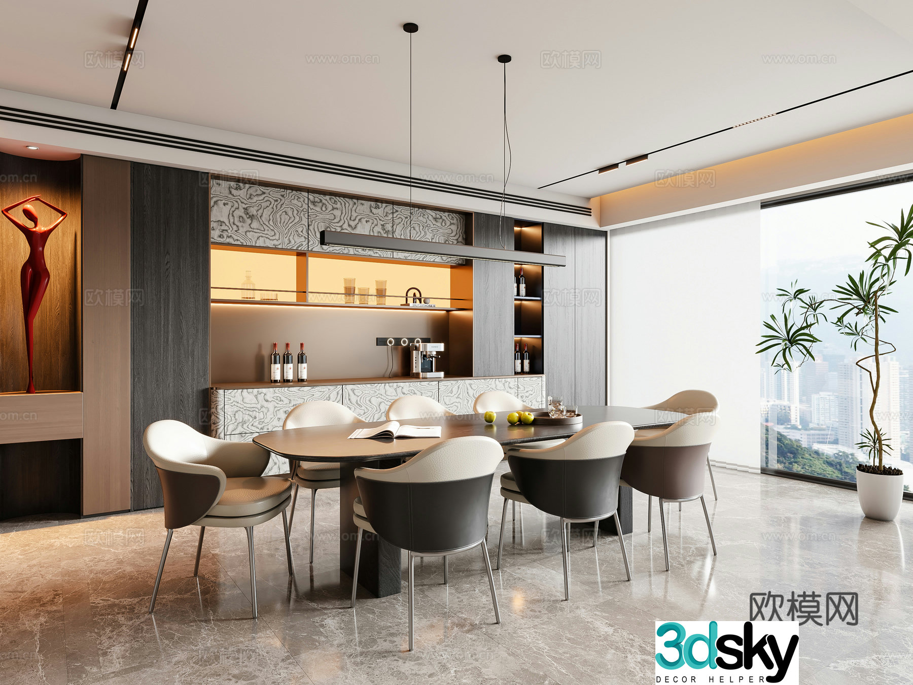 Modern Italian restaurant dining table and chair chandeliers wine cabinet sideboard 3d model