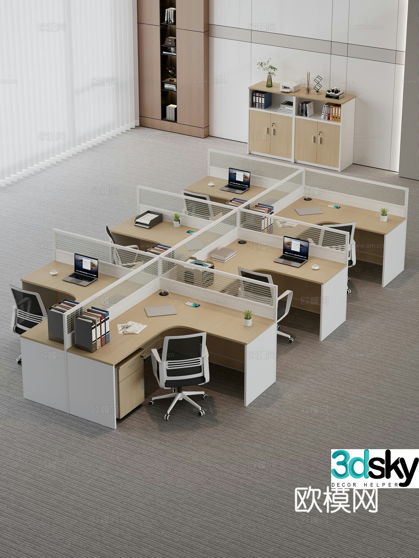 Modern office desk chair employee desk staff desk screen slot public office area 3D model