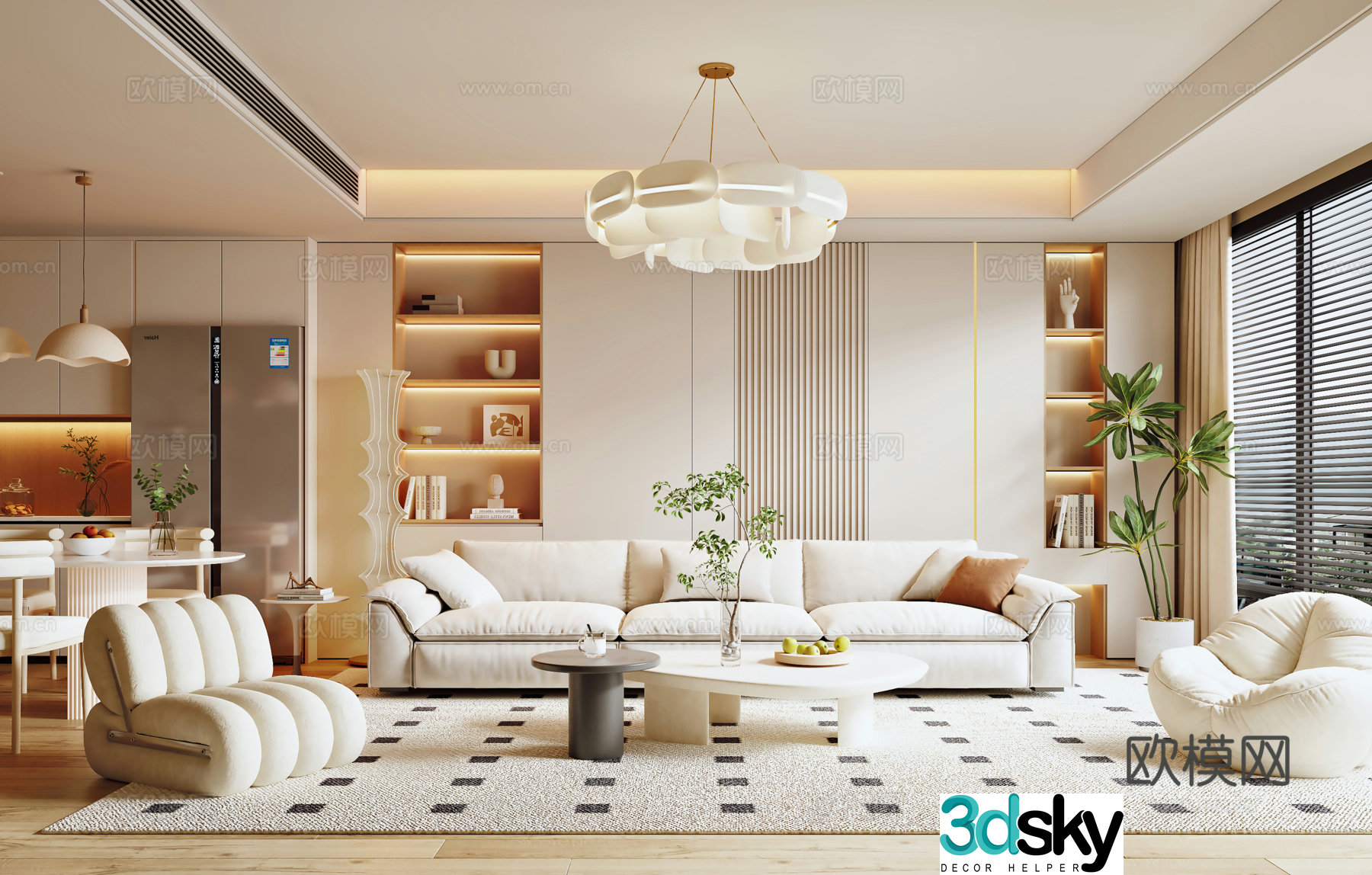 Modern creamy restaurant sofa background wall sofa coffee table combination chandelier dining table chair dining 3d model