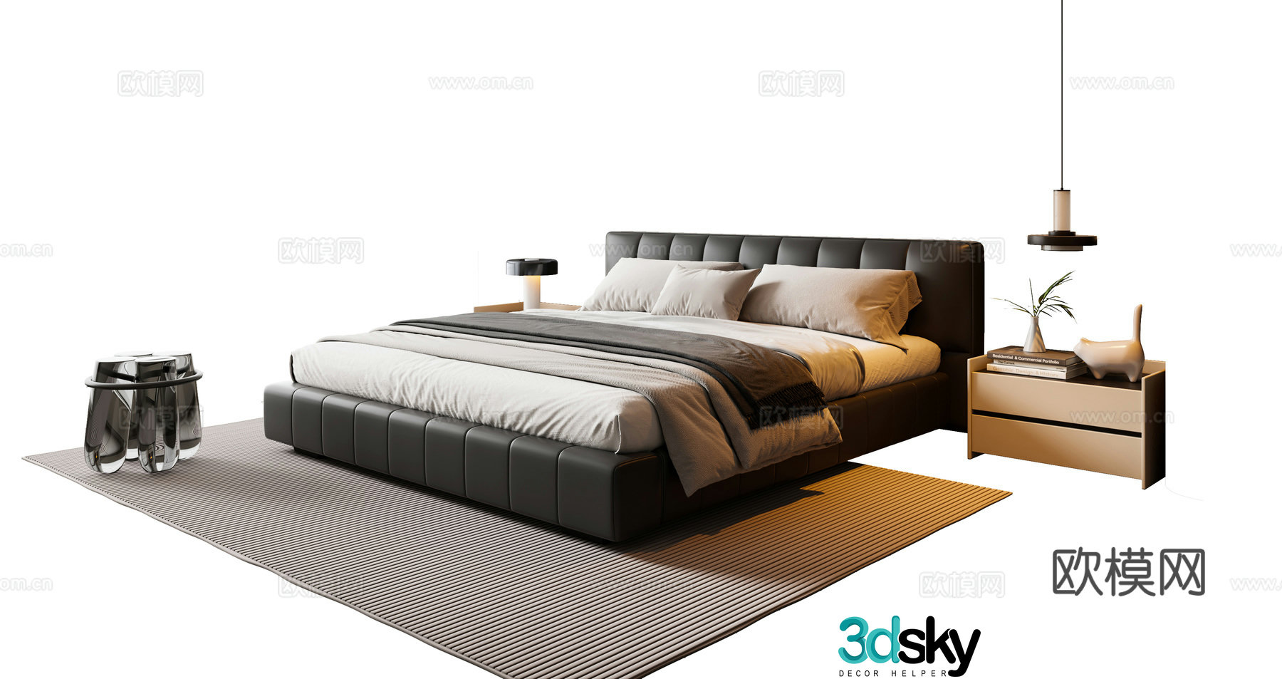 Modern Italian double bed leather double bed nightstand chandeliers carpet 3d model