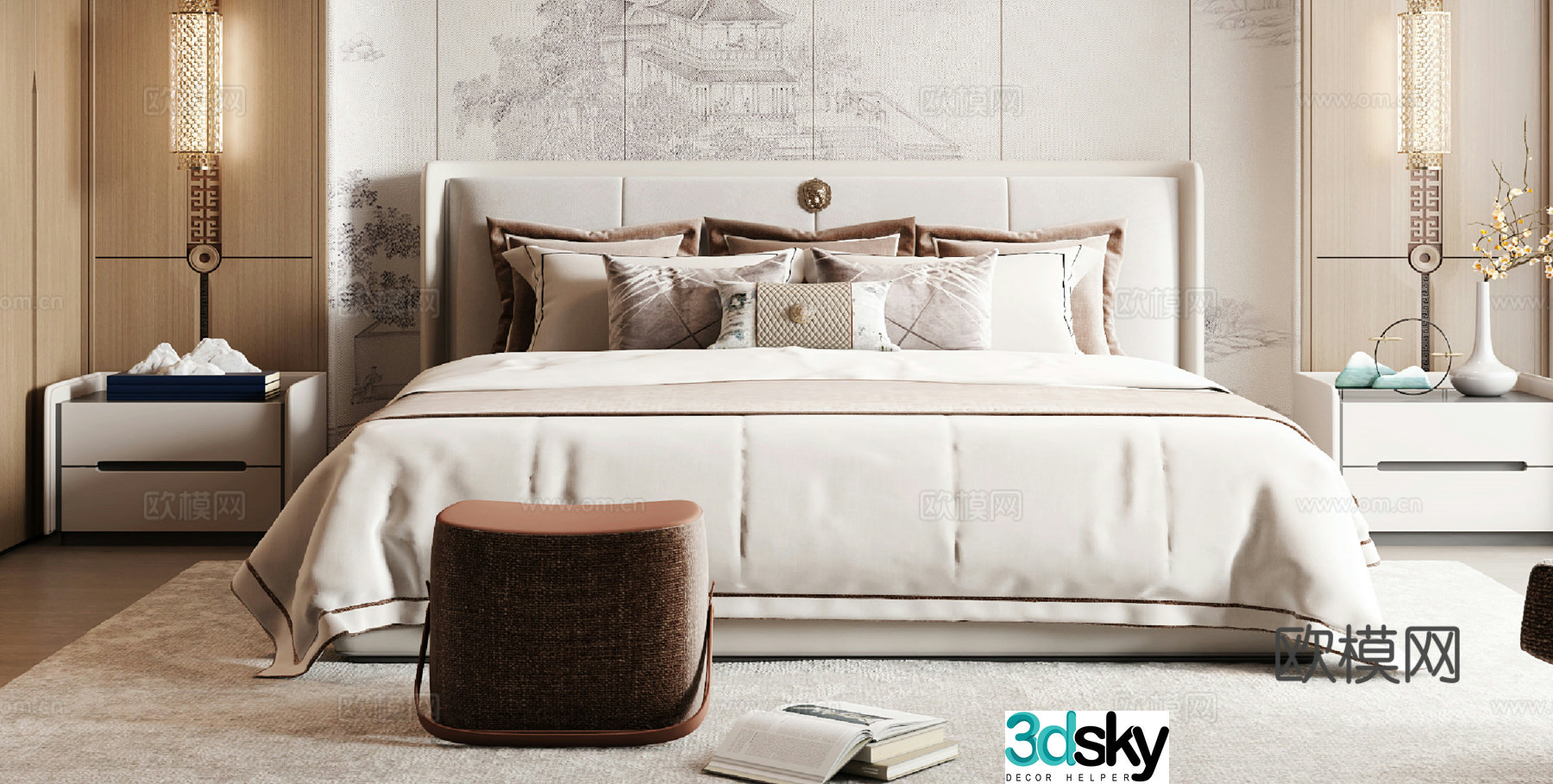 New Chinese style double bed 3D model