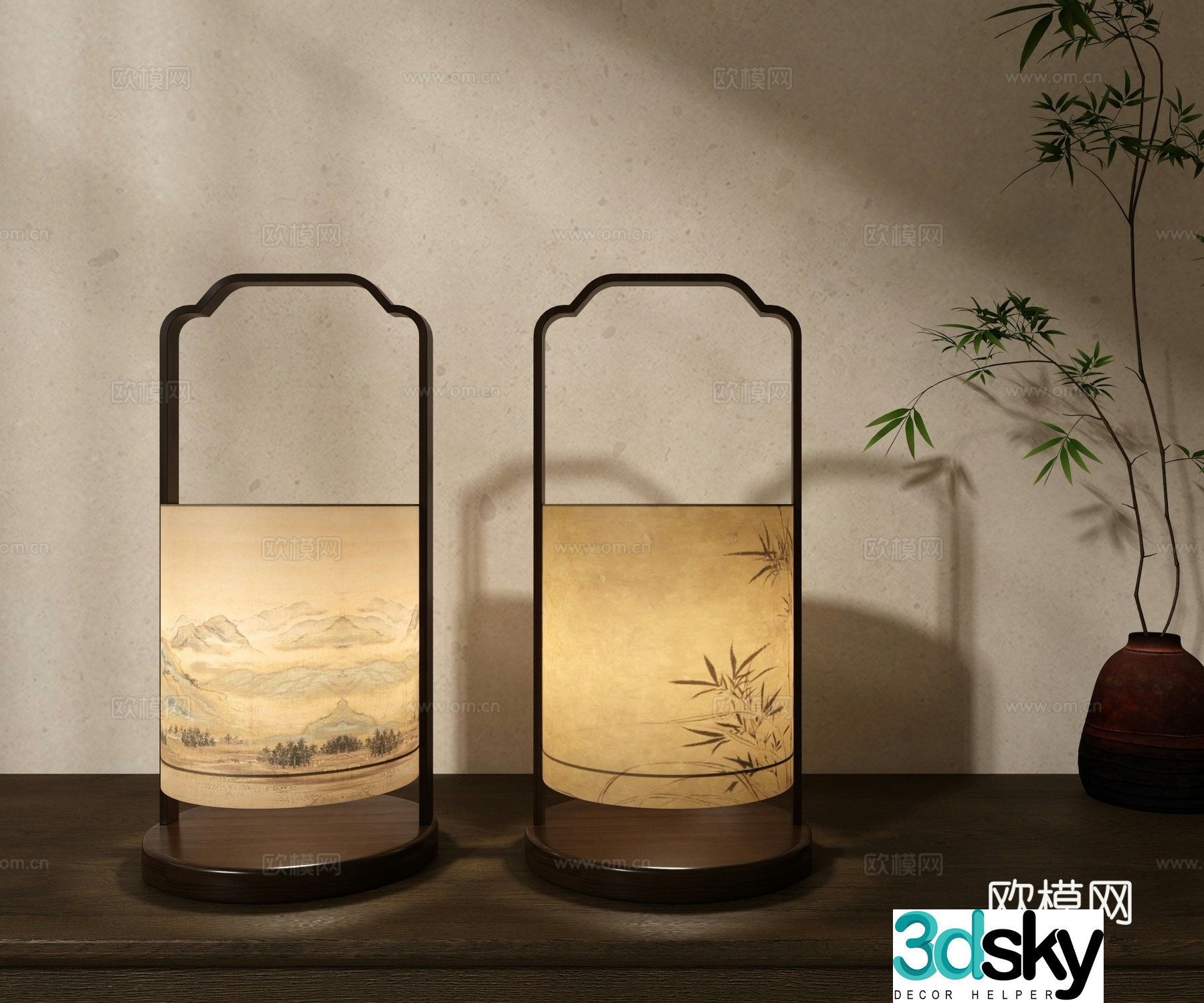 New Chinese style Chinese style table lamp green plant 3D model