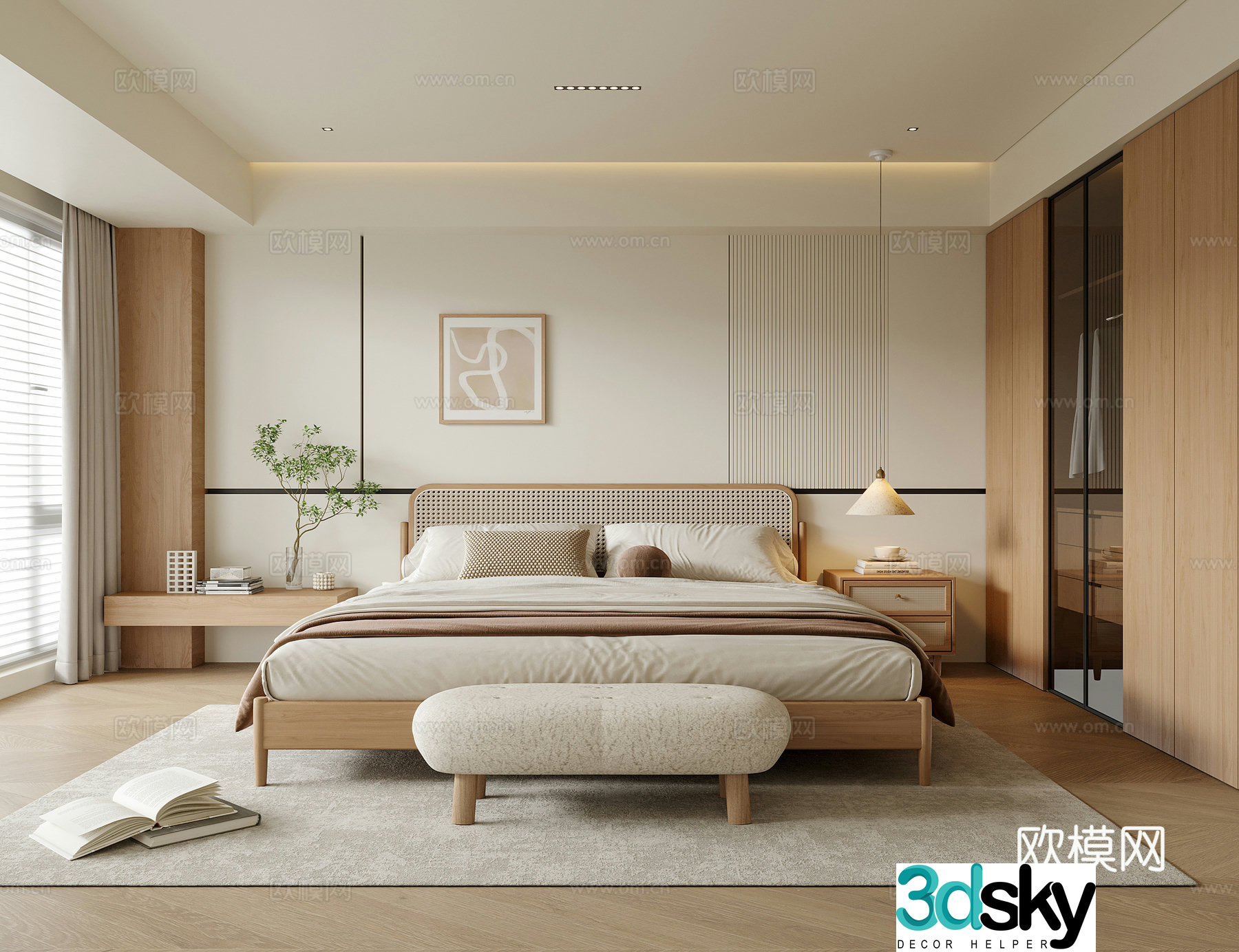 Modern bedroom Double bed Bed tail stool Bedside table Wardrobe 3d model