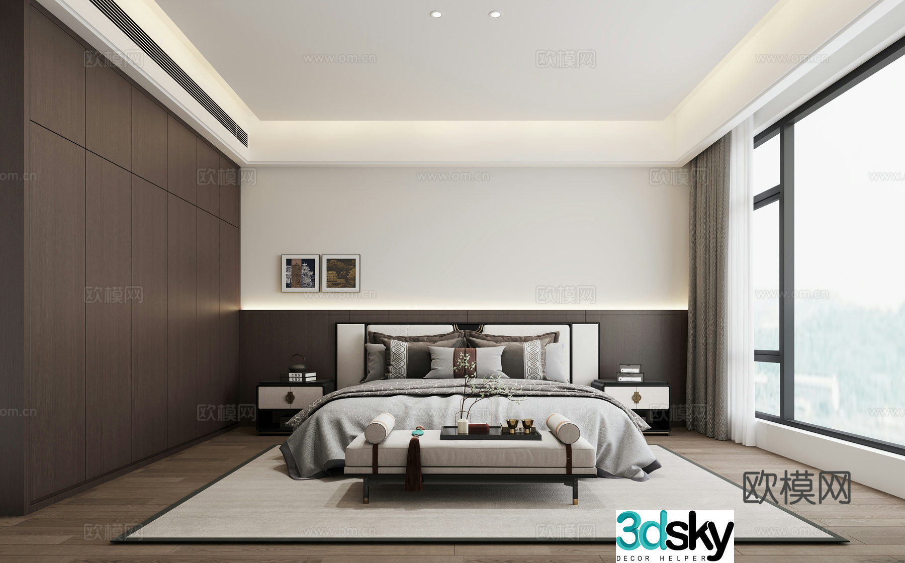 New Chinese style second bedroom New Chinese style bed combination New Chinese style painting 3D model