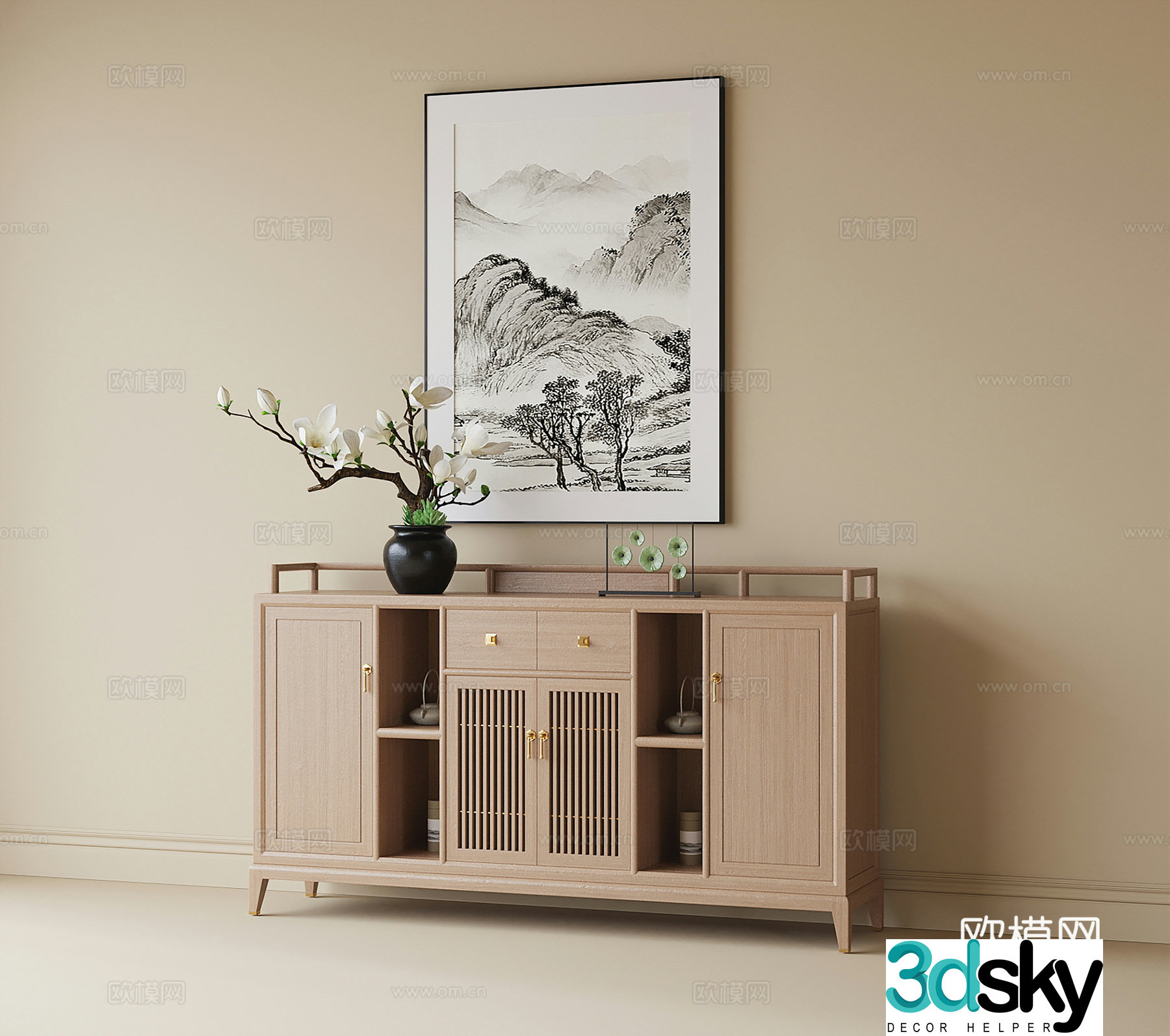 New Chinese side cabinet tea cabinet vase flower art decorative cabinet 3D model