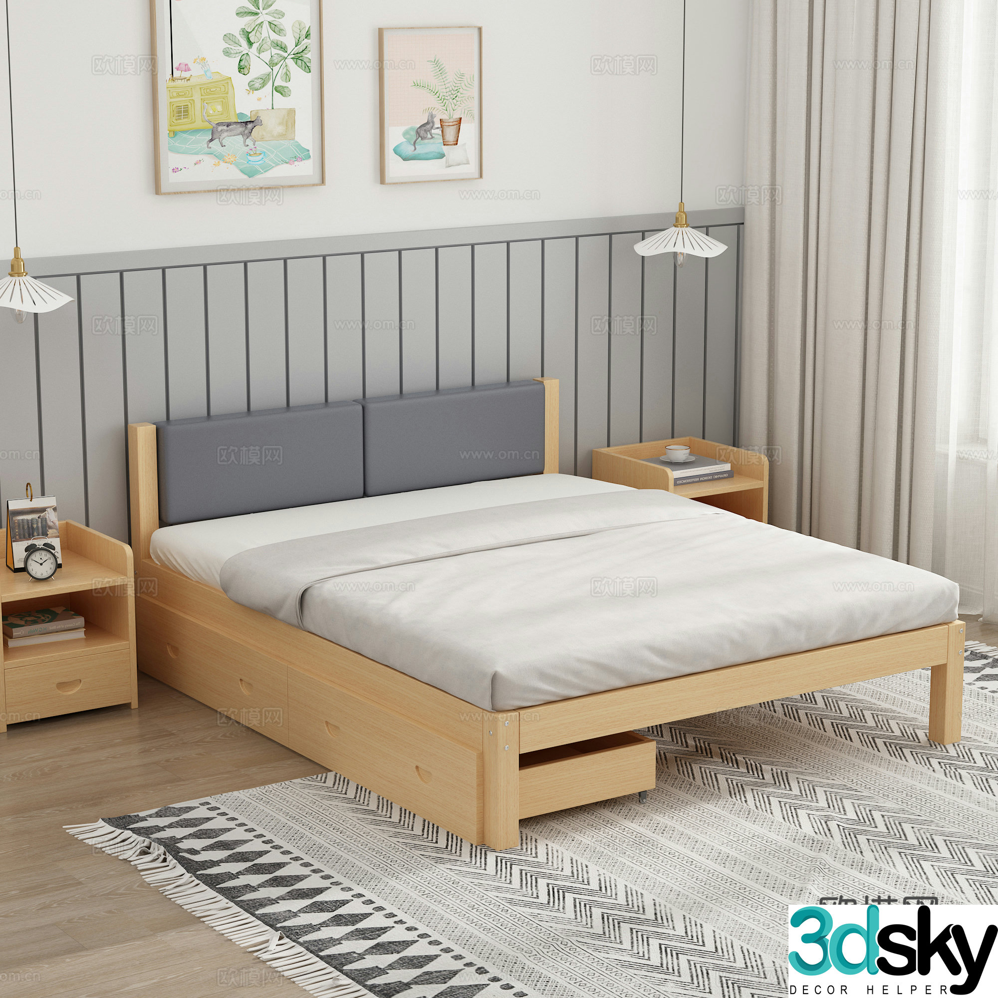 Solid wood soft pack double bed Simple solid wood bed Bedroom Bedside table Chandelier Decorative painting Carpet 3D model