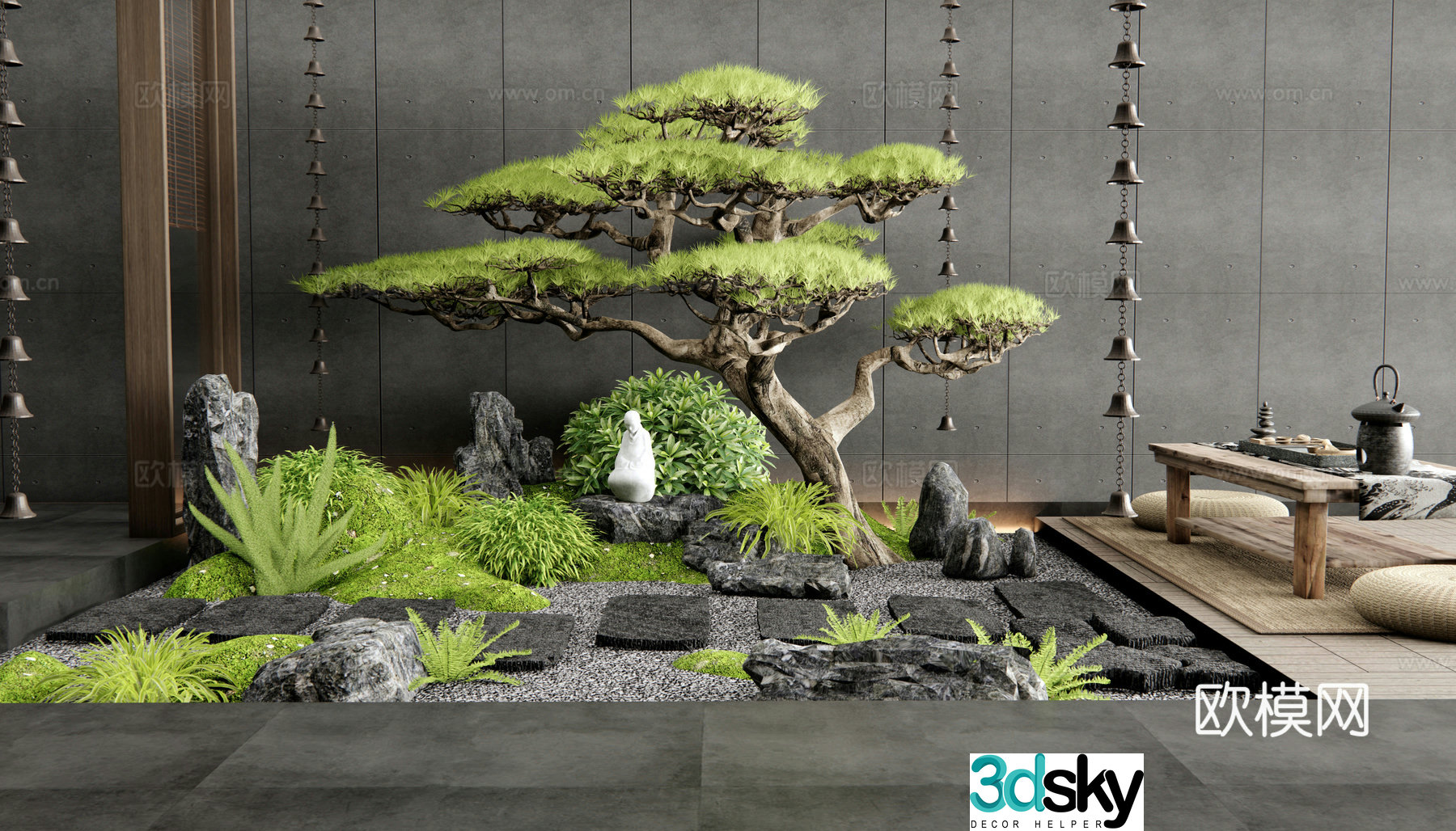 Japanese courtyard sketch Indoor landscape landscaping Tingstep Moss stone Welcoming pine = 3d model