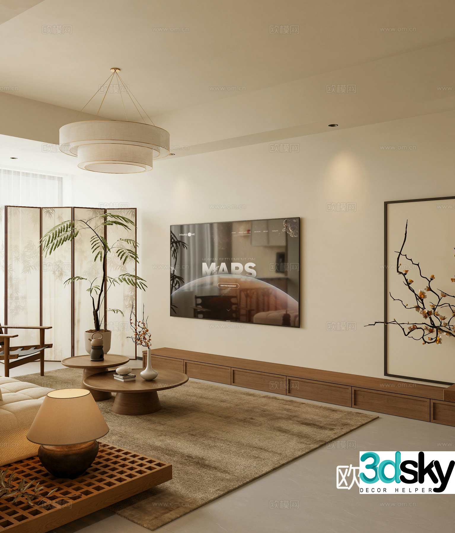Middle style living room TV background wall TV cabinet screen partition Wasabi B&B New Chinese 3D model