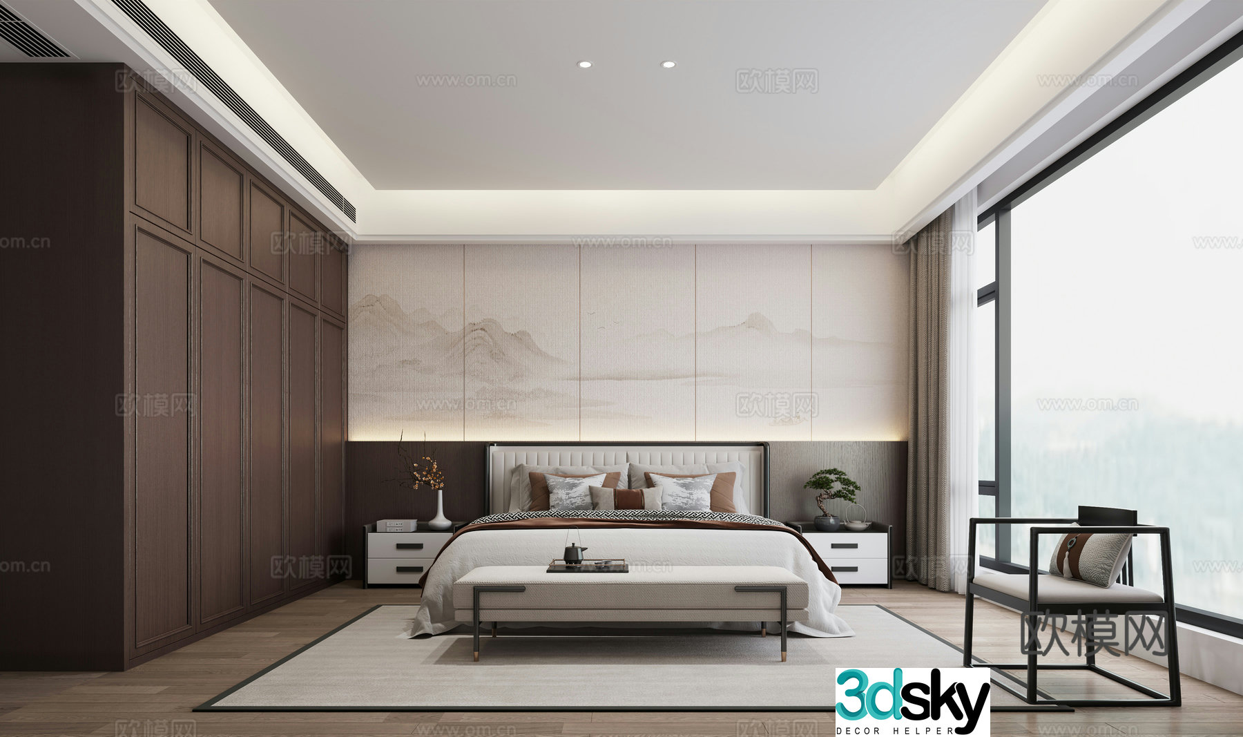 New Chinese style master bedroom New Chinese style bed combination 3D model