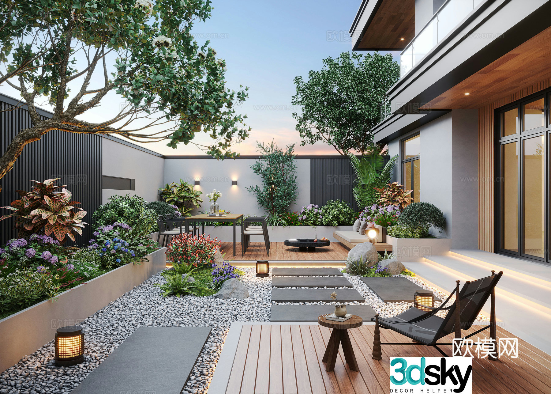 Modern courtyard landscape home yard courtyard sketch outdoor leisure chair outdoor dining table 3d model