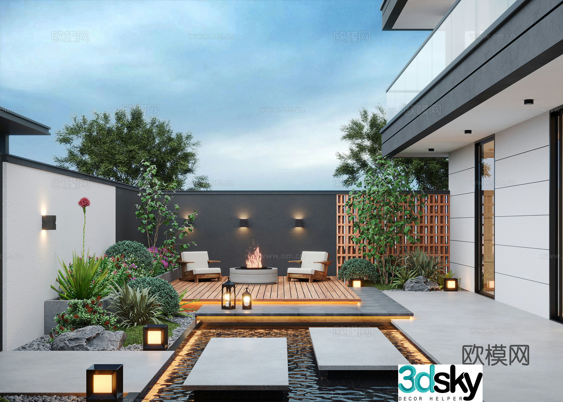 Modern courtyard landscape home yard courtyard sketch outdoor leisure chair outdoor dining table 3d model