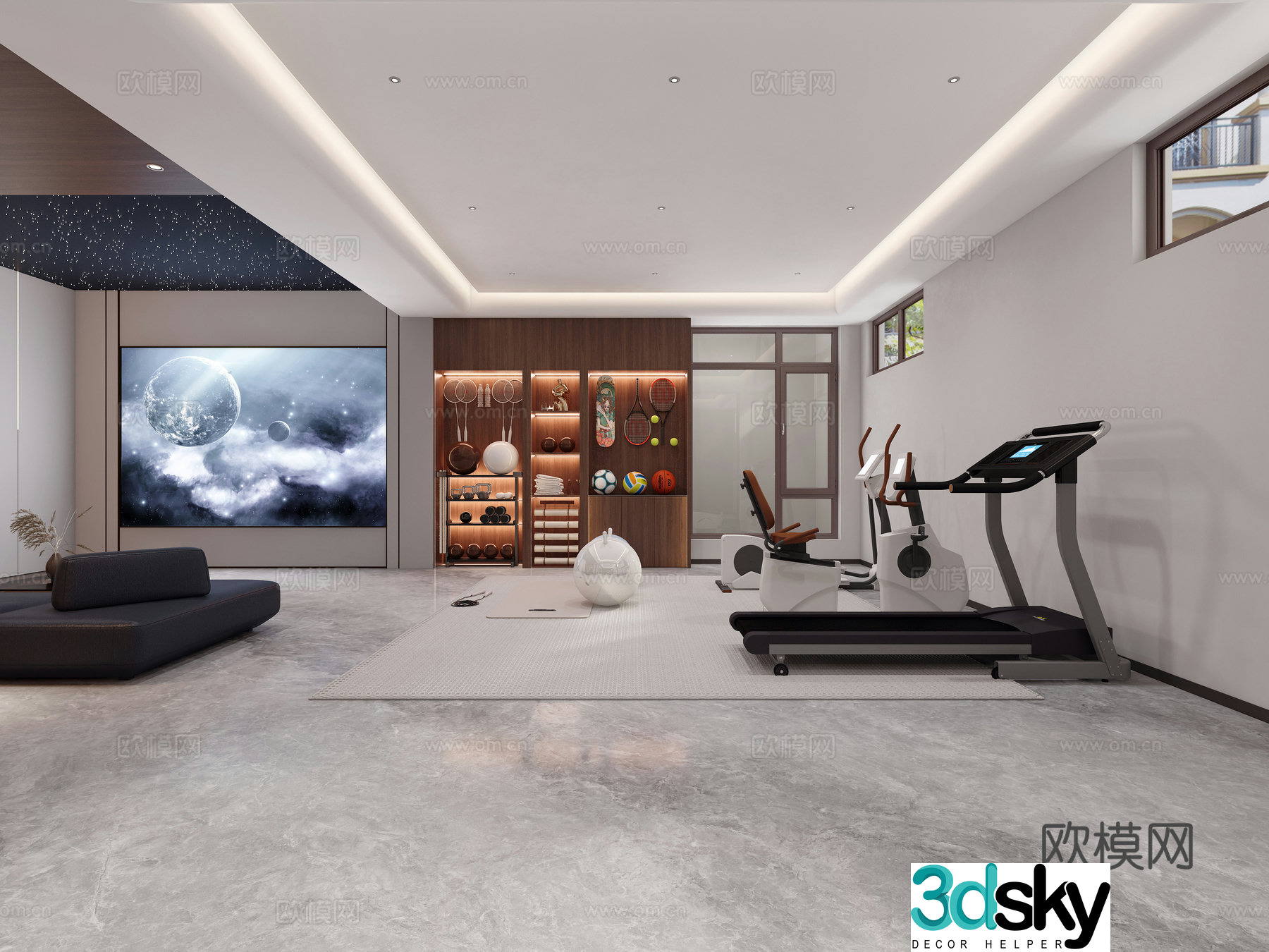 Modern Italian light luxury gym yoga room 3d model