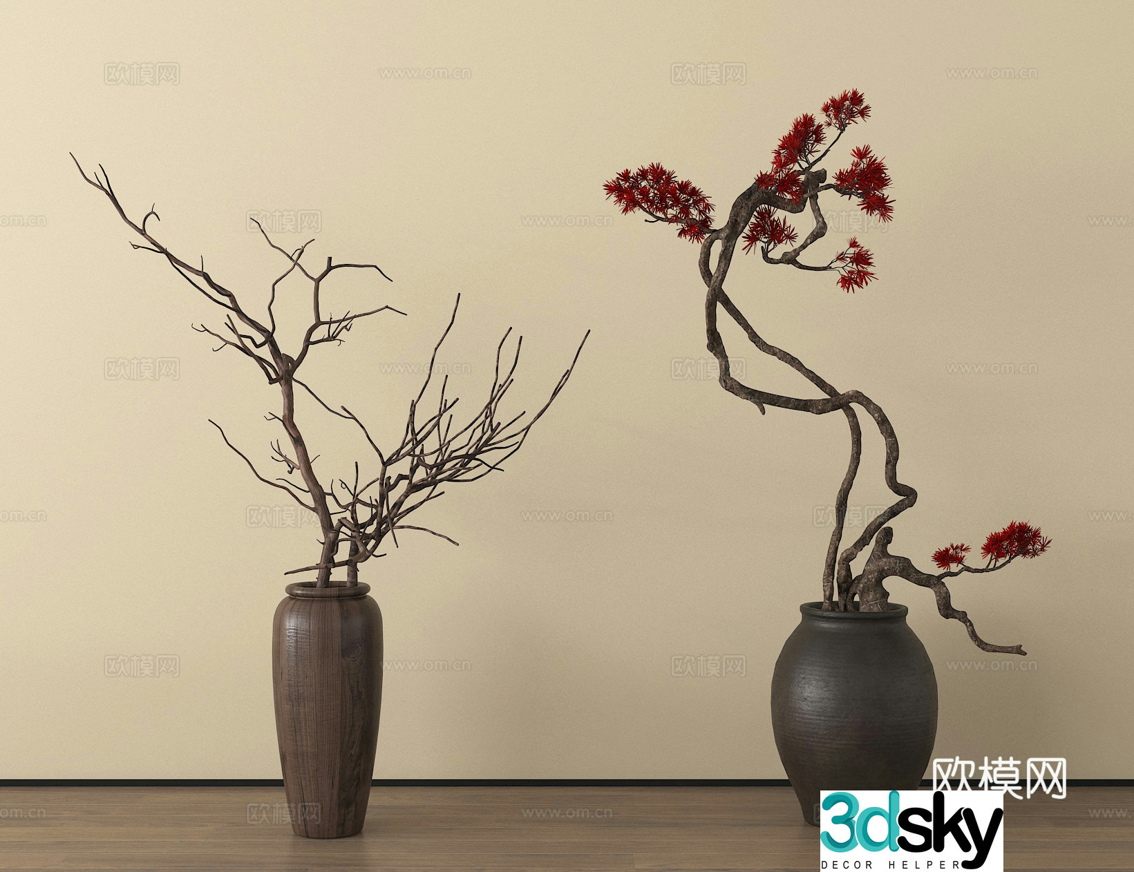 Dried branches and flower art flower art vase clay jar 3d model