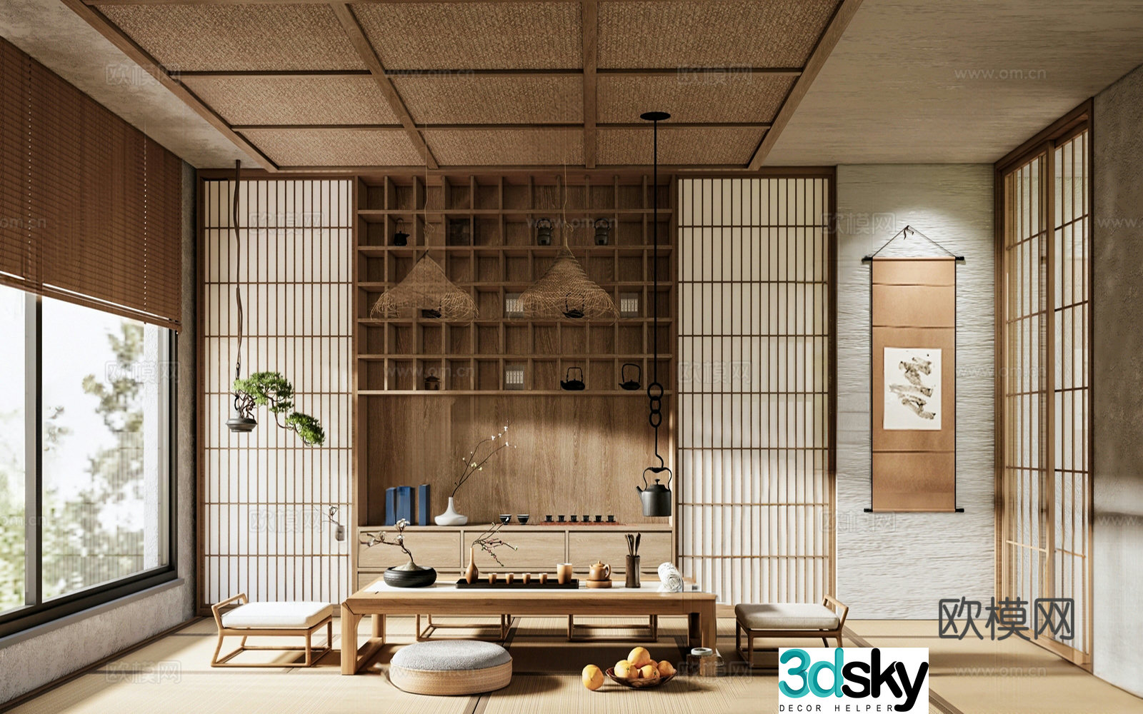Middle Ages Wasabi Tea House Japanese Tatami Tea Room Tea Table and Chair Teapot Tea Set Bamboo Lantern 3D Model