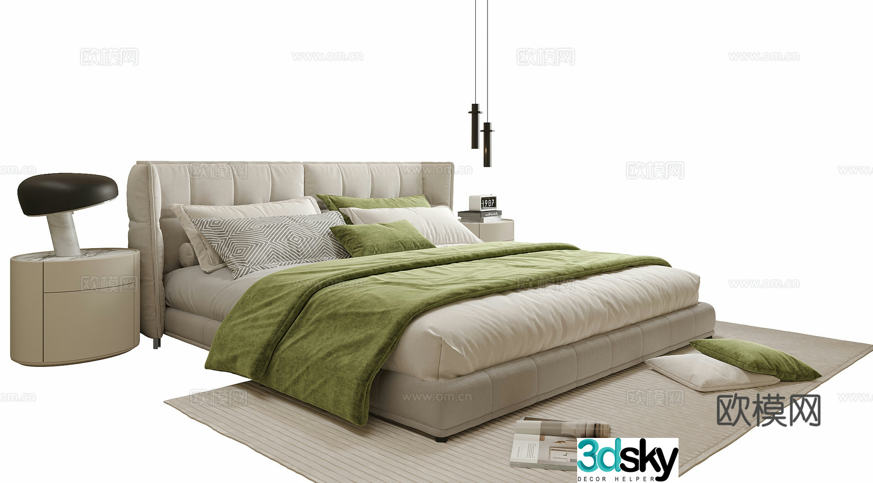 Modern double bed bedside table bedside chandeliers 3d model
