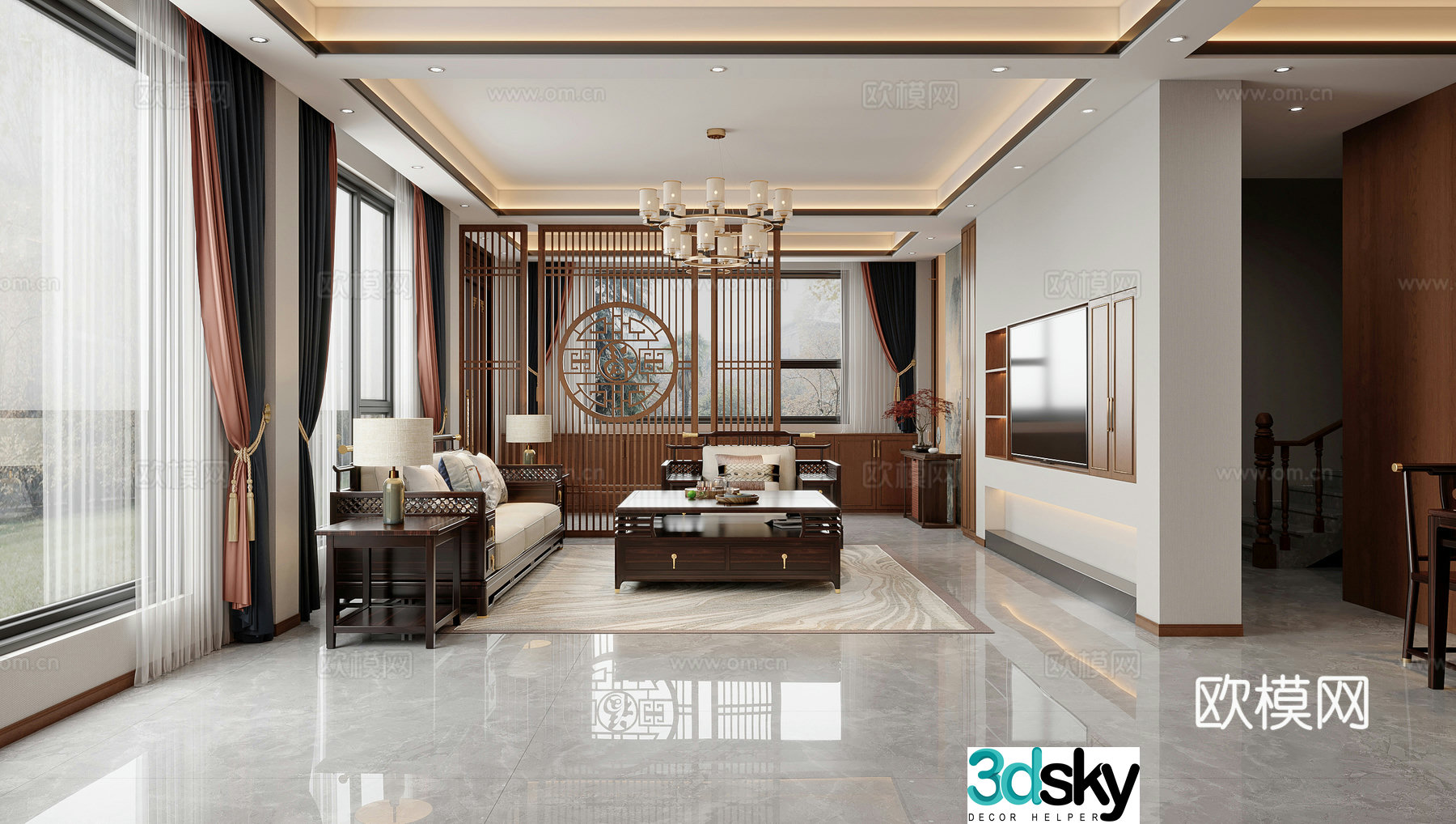 New Chinese living room combination sofa solid wood furniture mahogany furniture screen partition flower stand 3D model