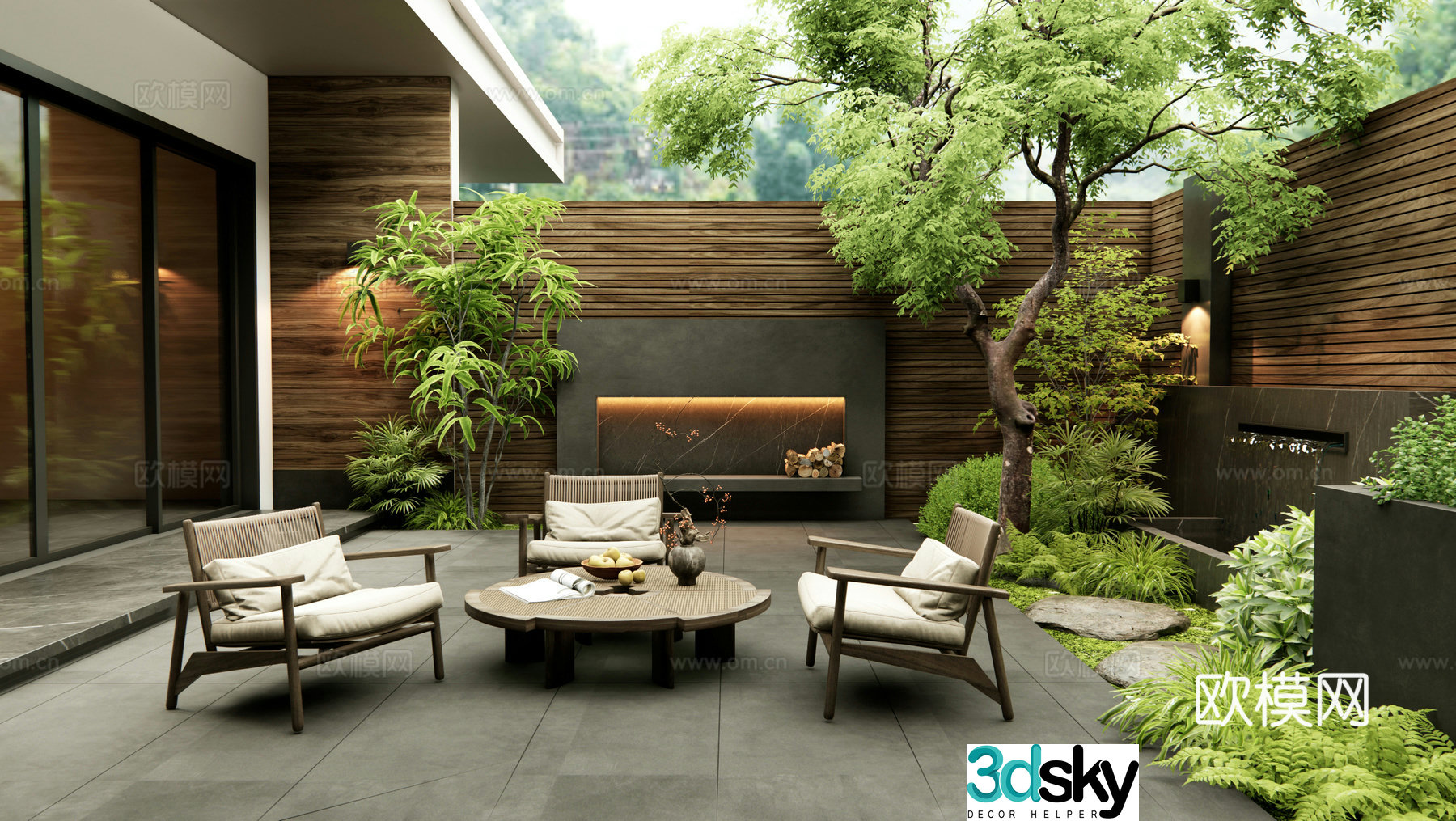 Modern villa courtyard balcony outdoor table and chairs shrub landscape trees water view wall flowers and plants 3d model