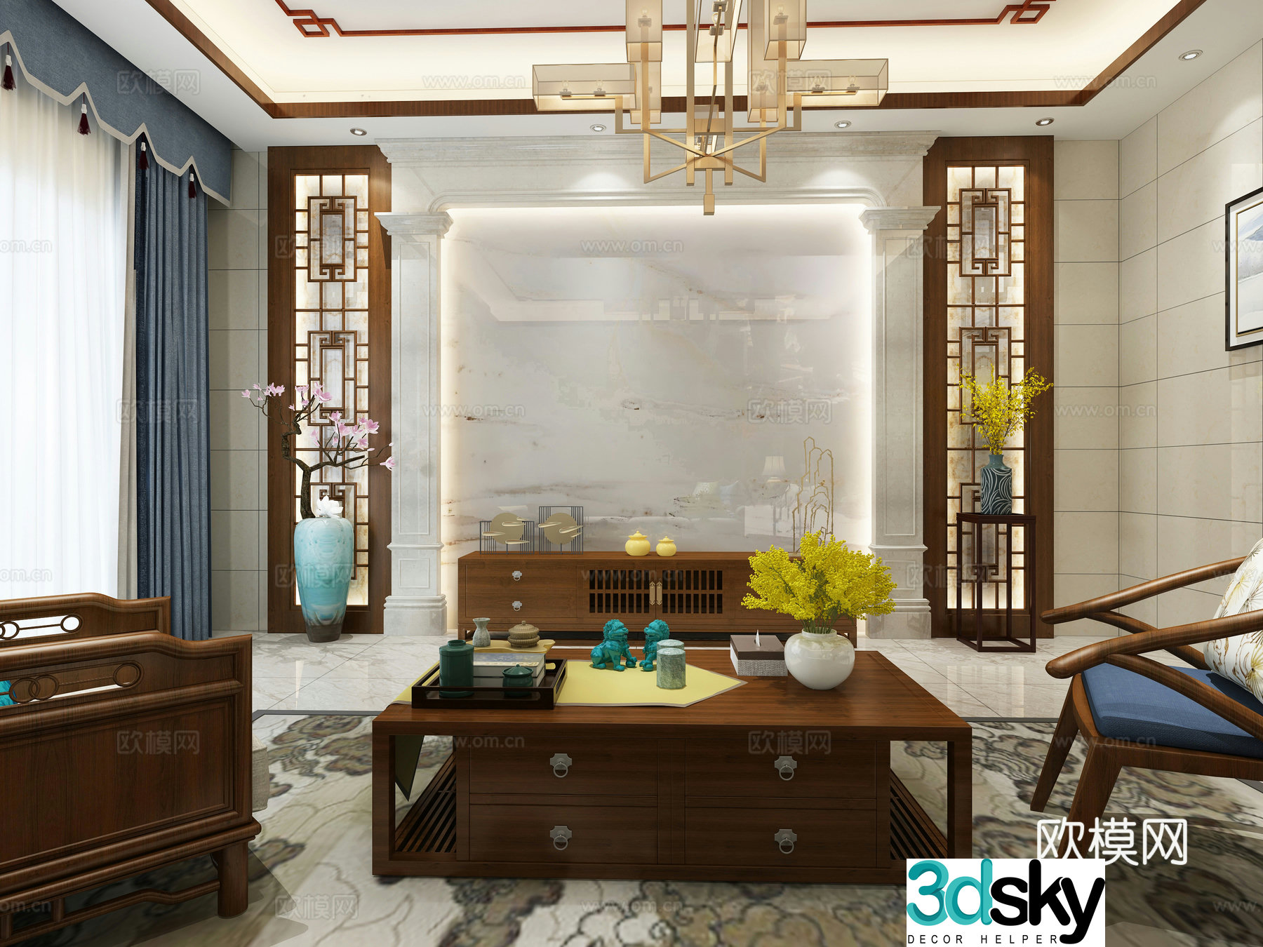 New Chinese style background wall sofa combination 3D model