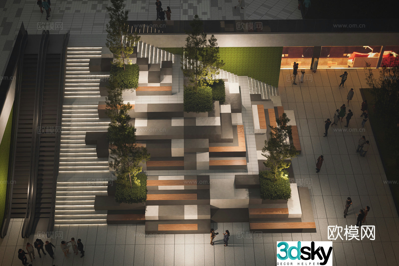 Modern stair landscape Square sinking stairs Wooden platform 3D model