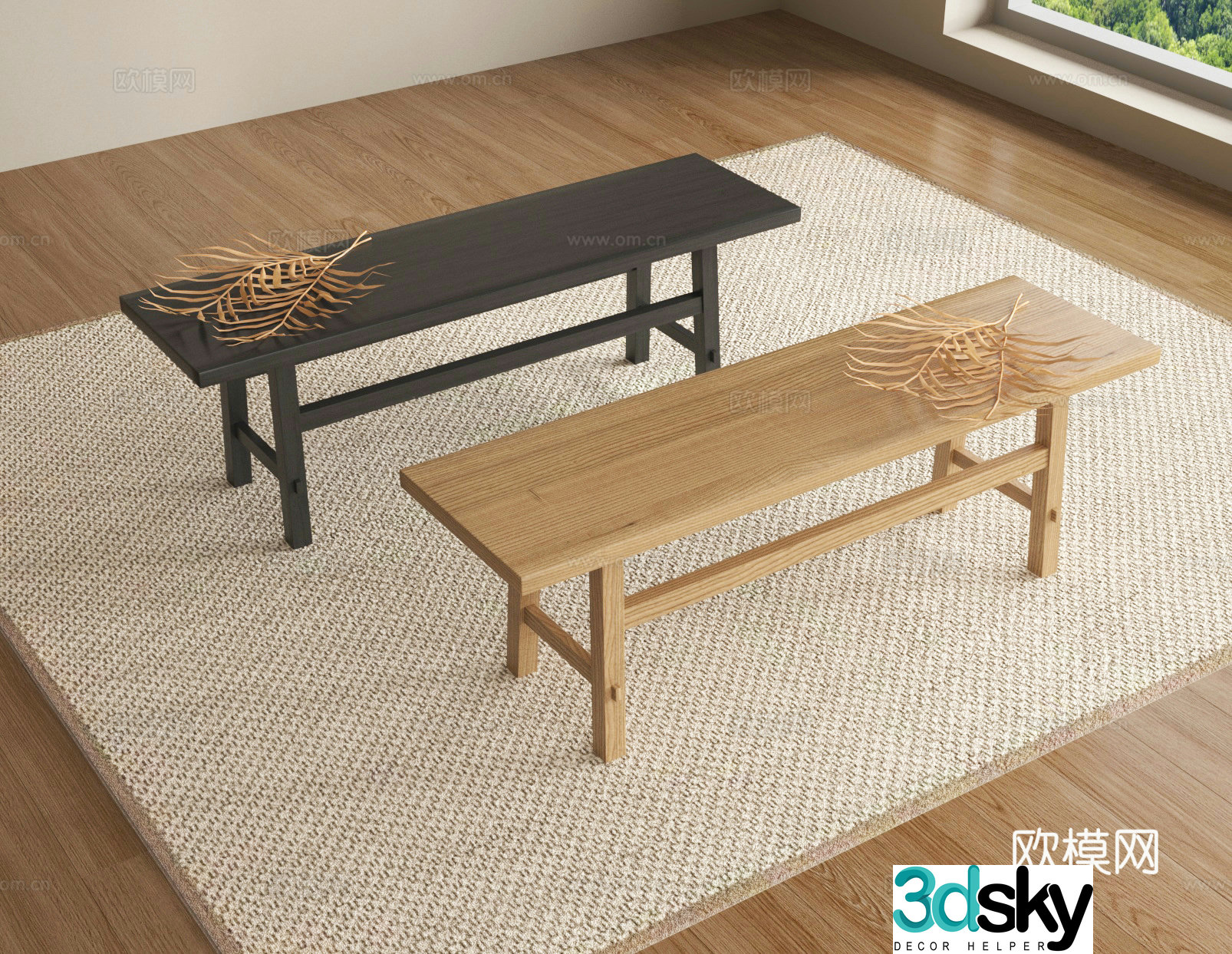 Long bench low stool shoe changing stool wooden bench 3D model