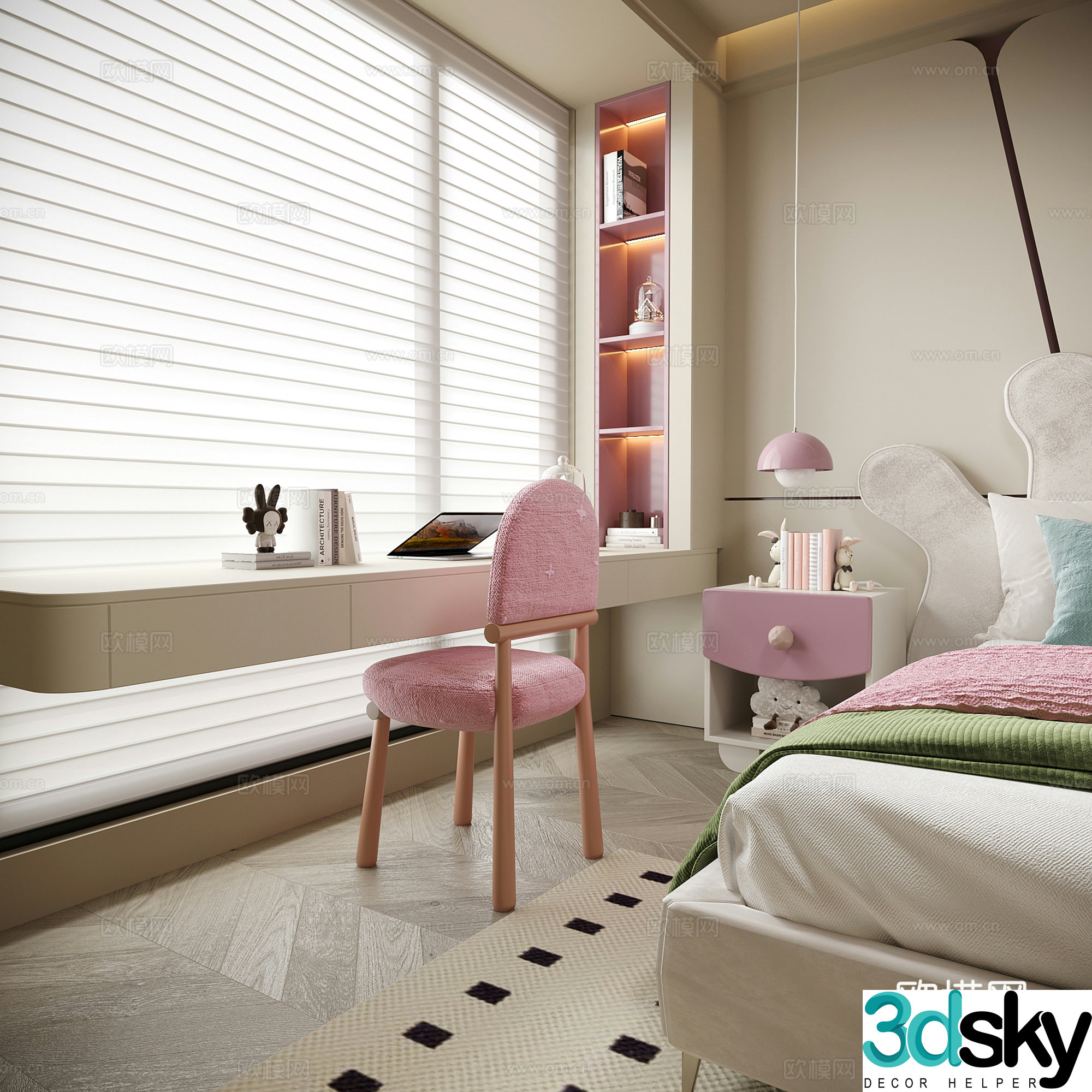 Modern children’s desk and chairs Bedroom desk and chairs Venetian blinds 3d model