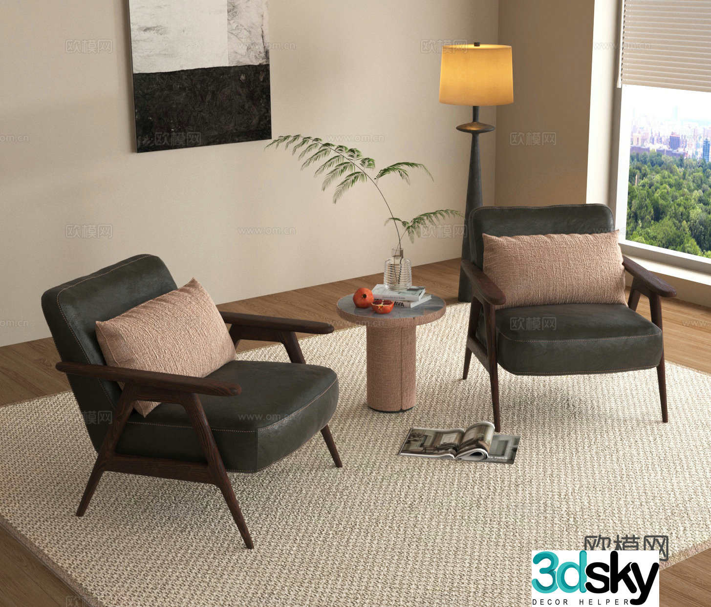 Leisure chair sofa chair round table flower table floor lamp 3d model