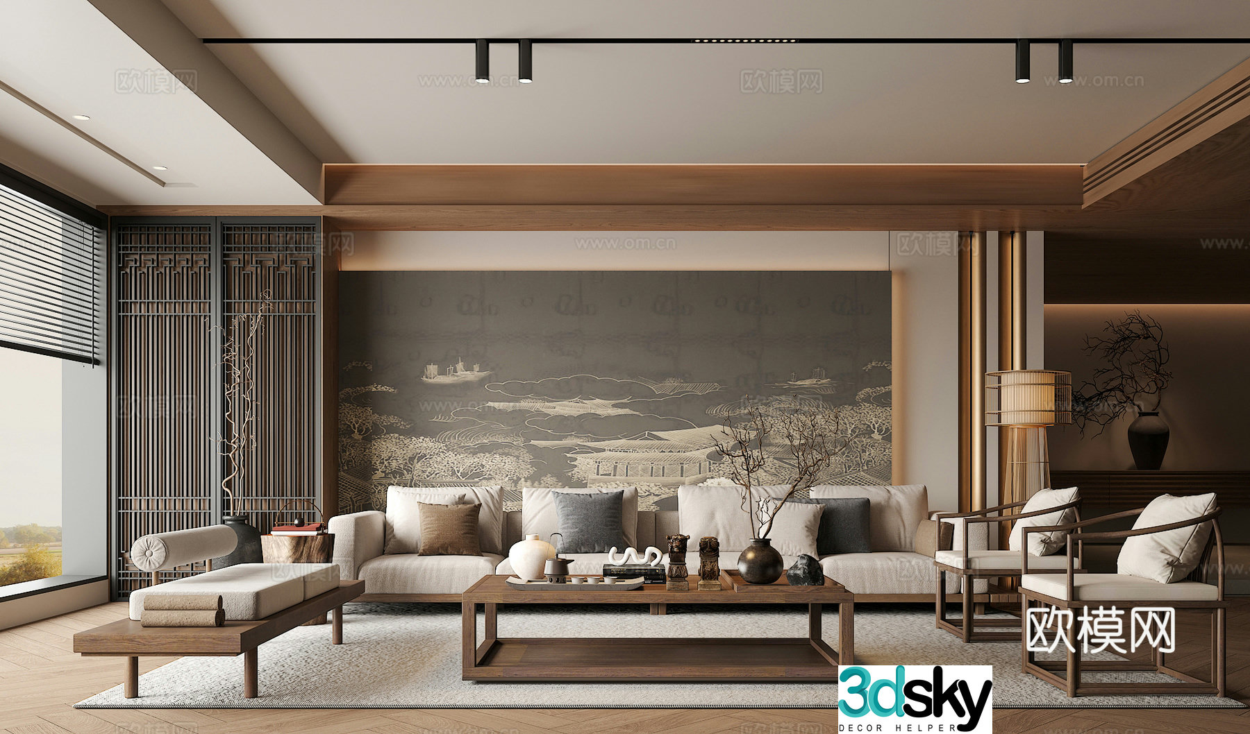 Song’s medieval style living room sofa and coffee table combination green plants accessories desk lamp chandeliers back 3D model