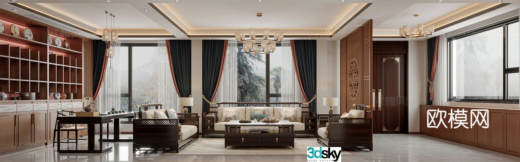 New Chinese style villa living and dining room 3D model