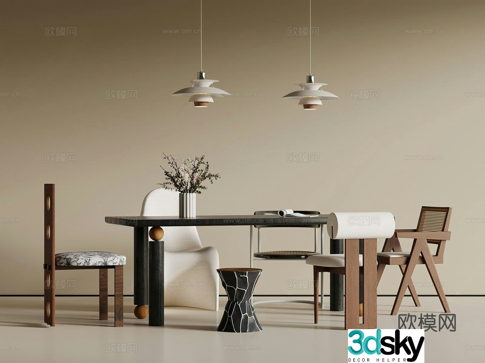 French retro dining table and chair 3d model