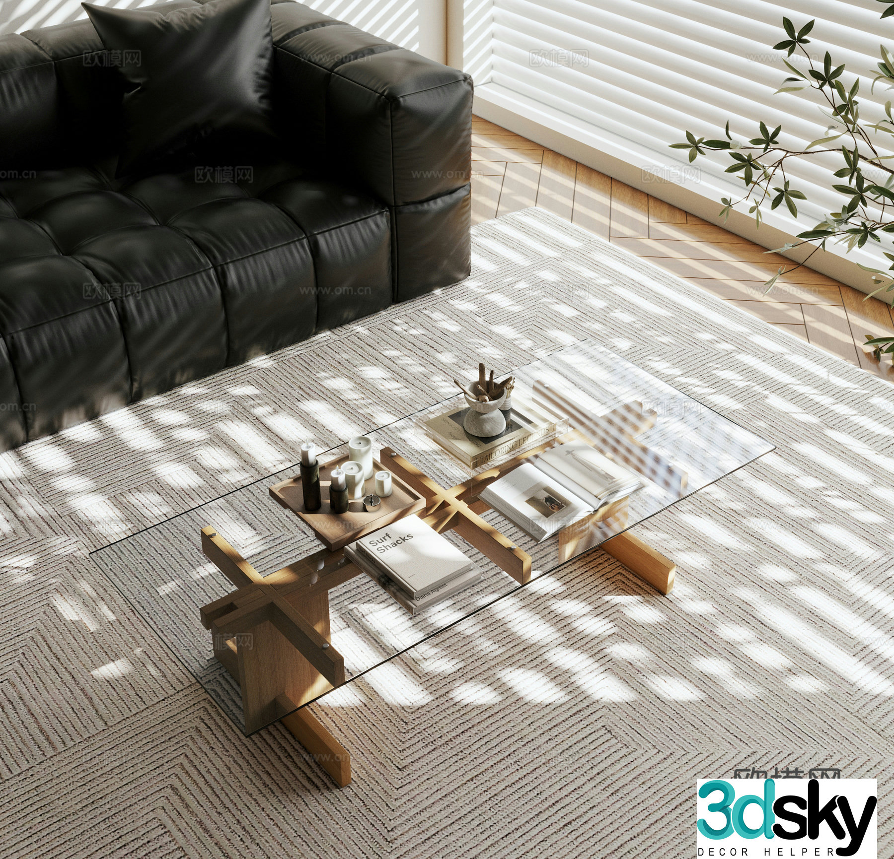 Modern retro coffee table glass coffee table square coffee table solid wood coffee table 3D model