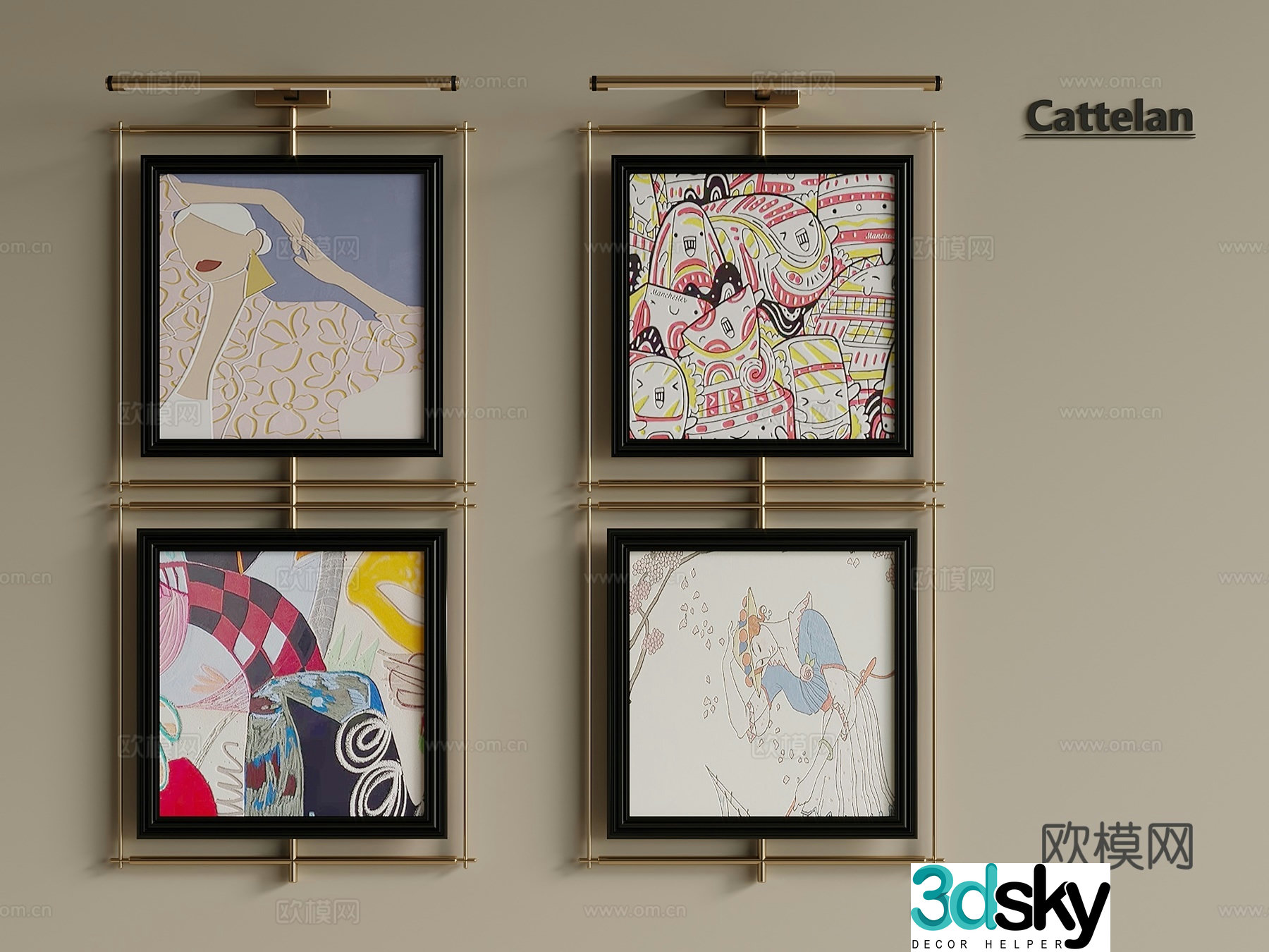 Light luxury Italian style decorative painting combination hanging painting picture frame abstract hanging painting bedroom hanging 3D model