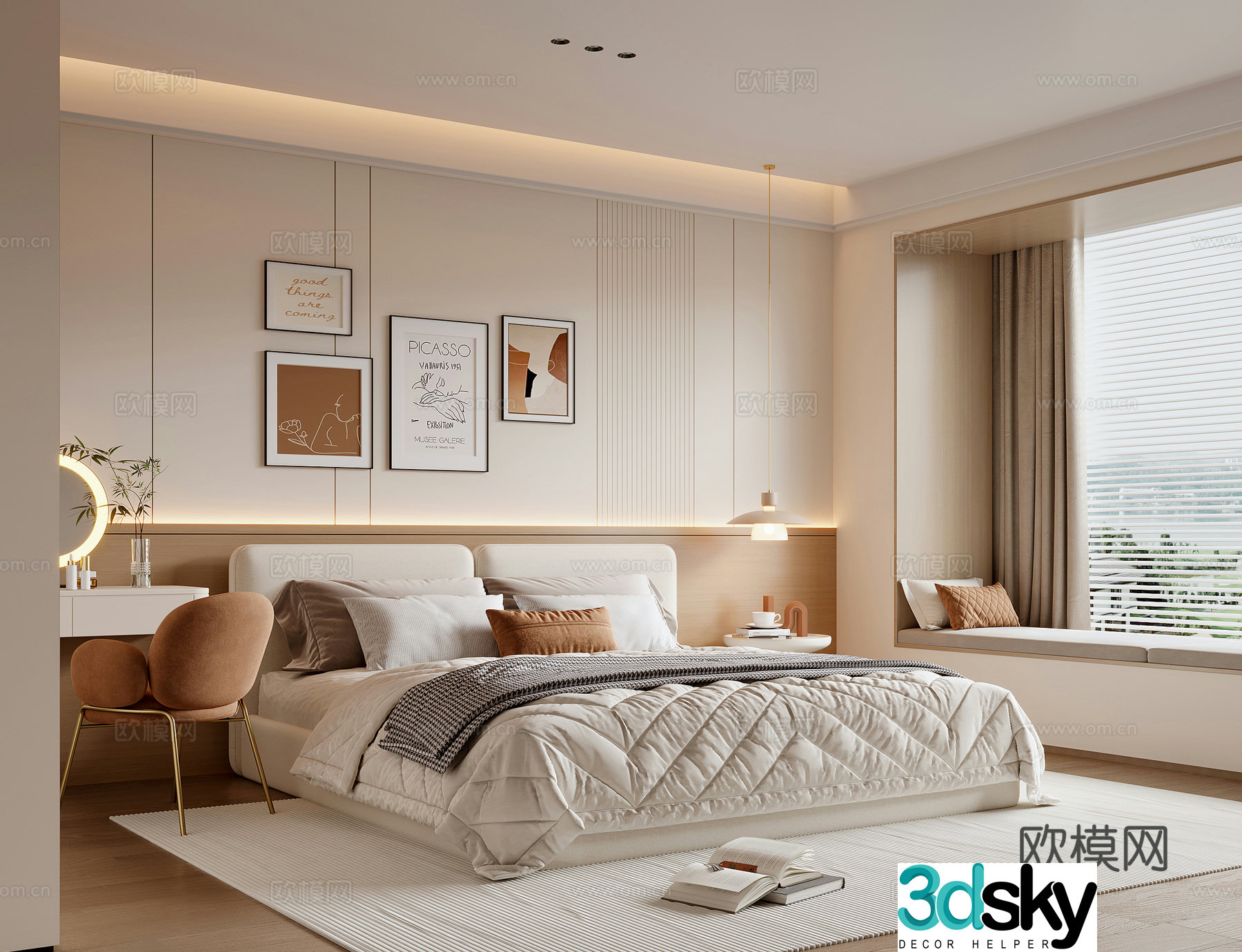 Modern creamy bedroom 3d model