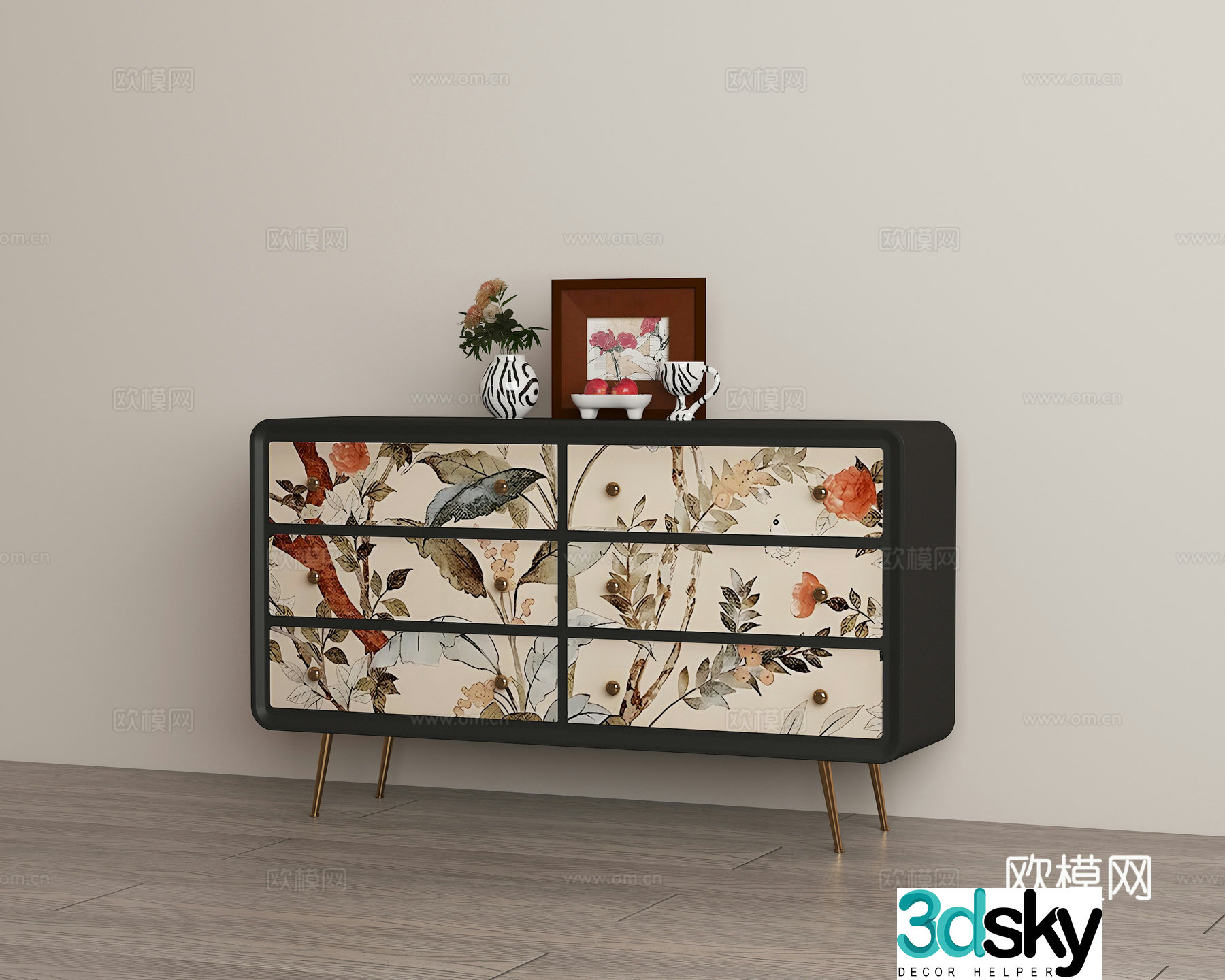 French retro pastoral style end view cabinet 3D model