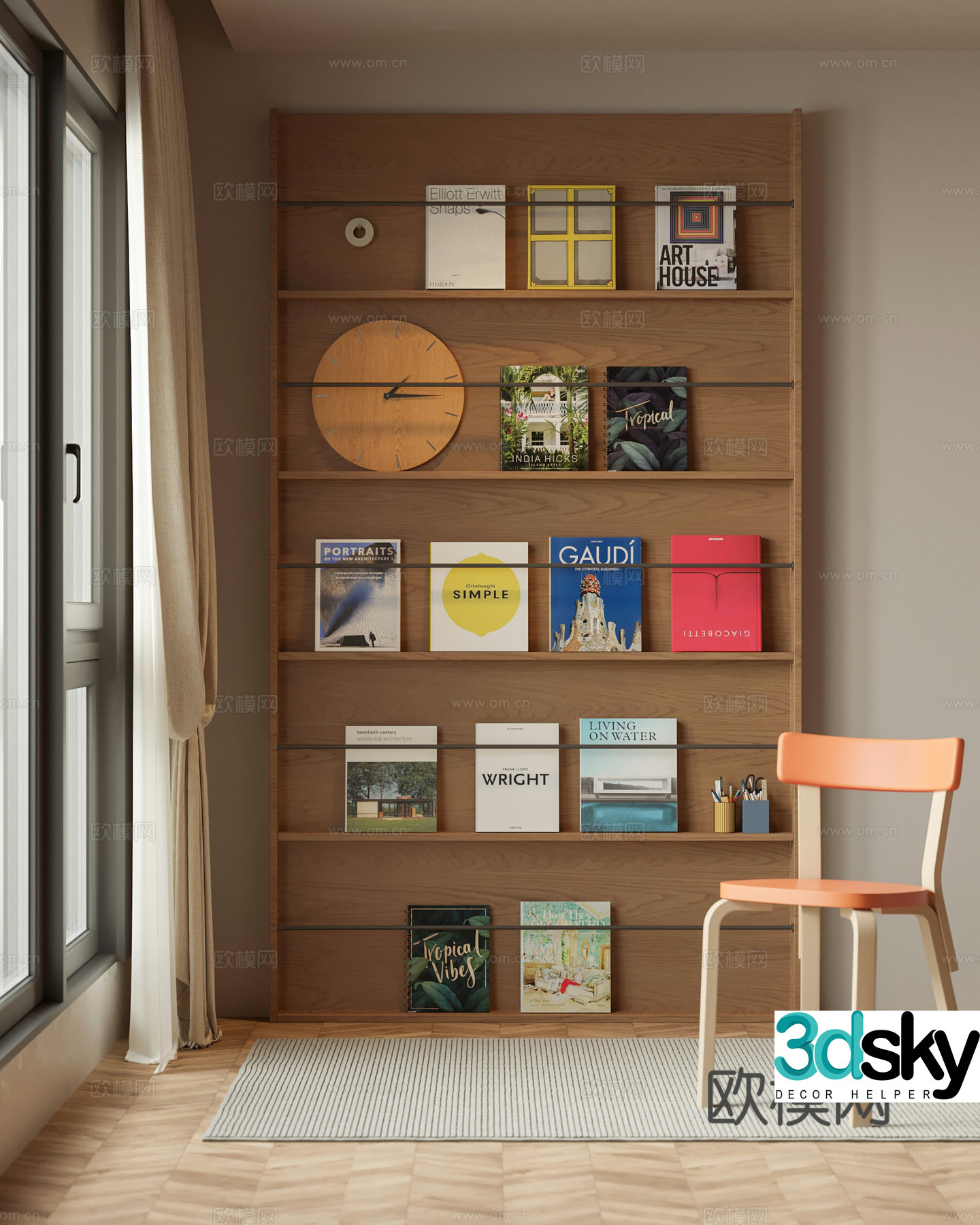 Middle-aged wood grain bookshelf 3D model