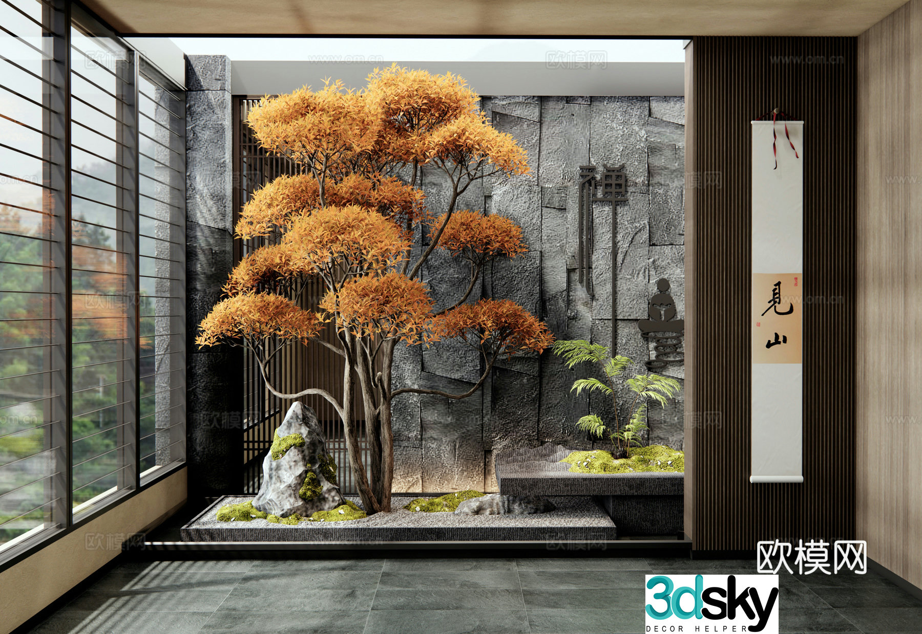 New Chinese style interior landscape plant landscaping patio landscape moss stones landscape tree 3D model