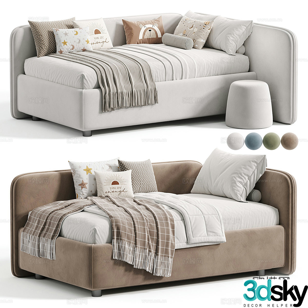 Modern cream style children’s fabric sofa bed 3d model