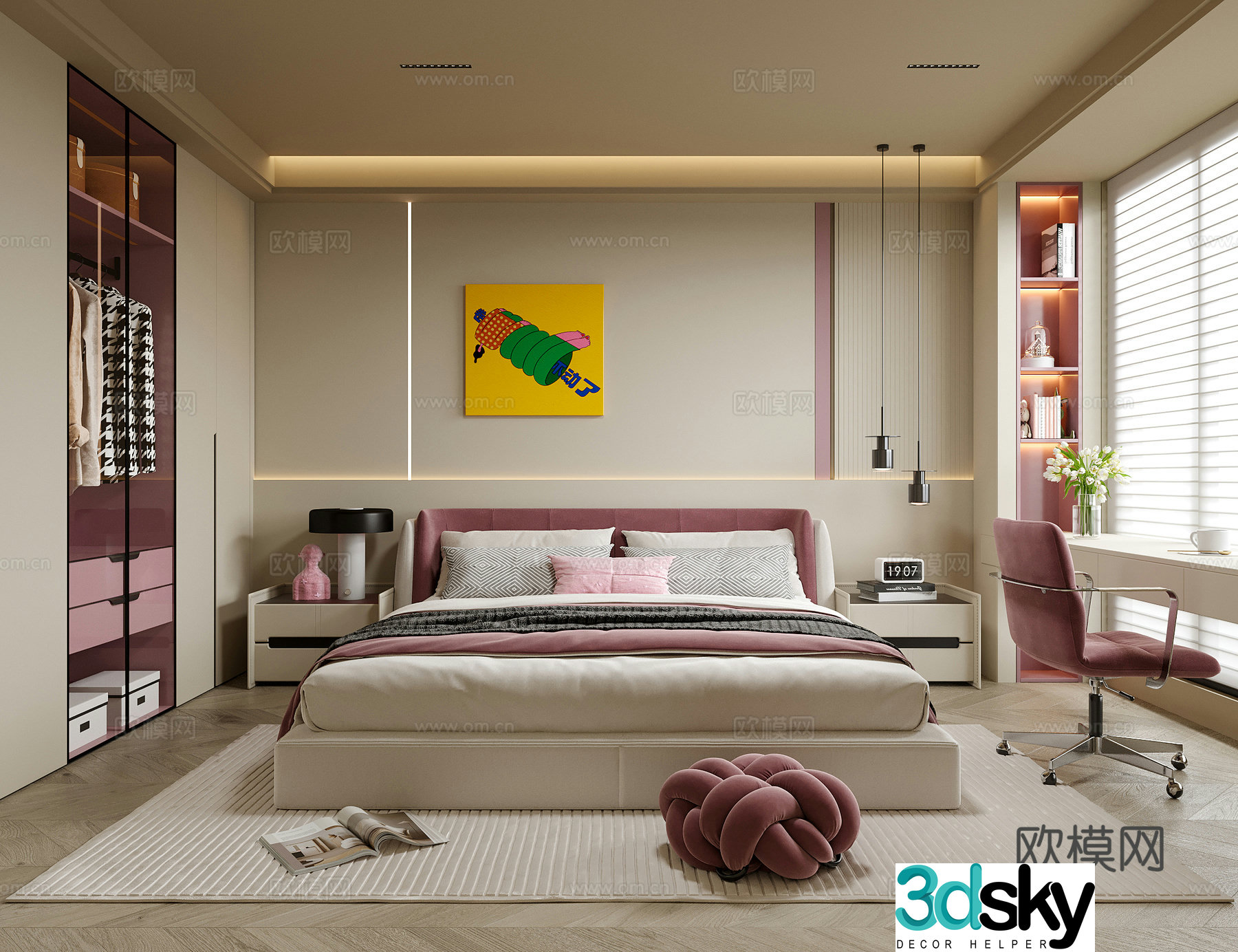 Modern girl room children’s room children’s bed nightstand children’s desk chair 3d model