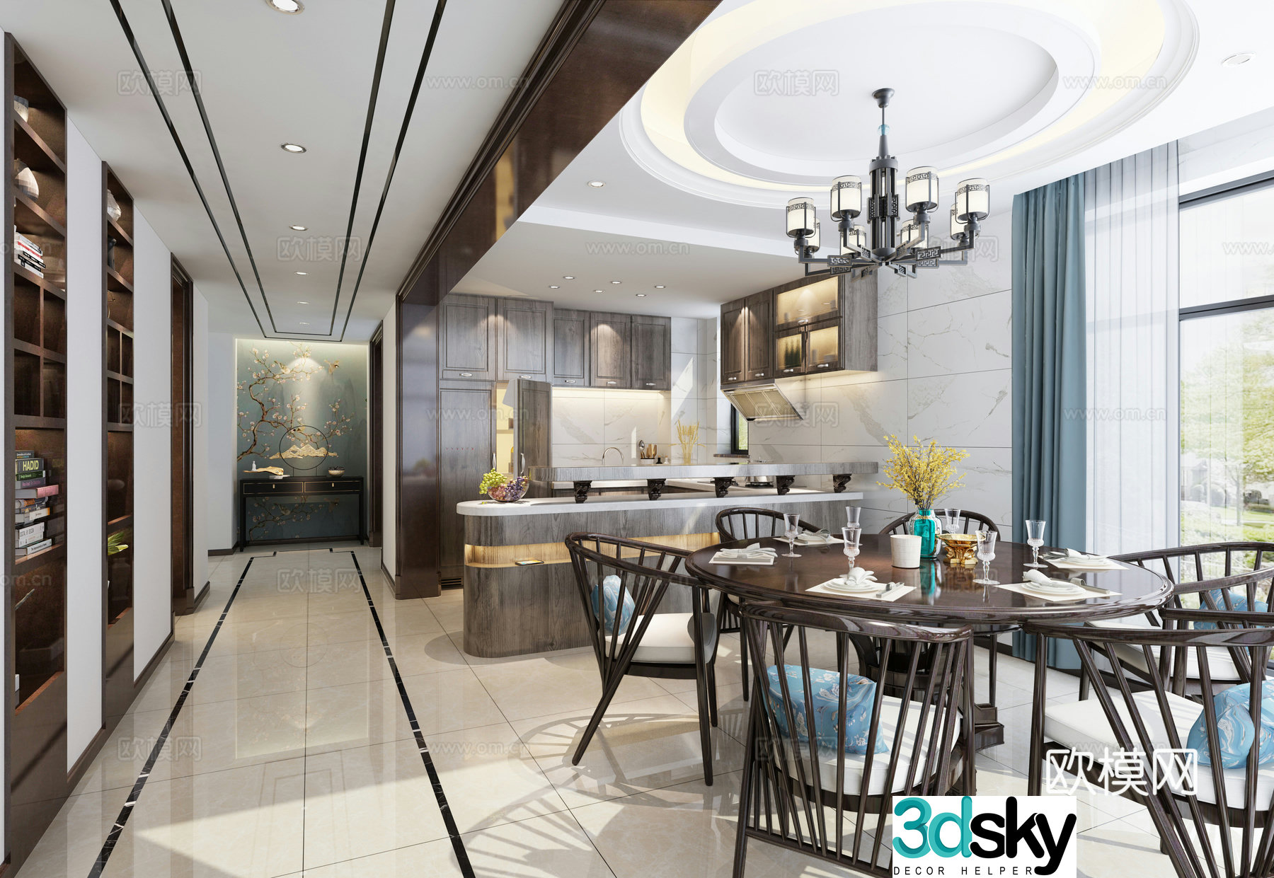 New Chinese style high-end villa living and dining room sofa and coffee table dining table and chairs living room chandeliers 3D model