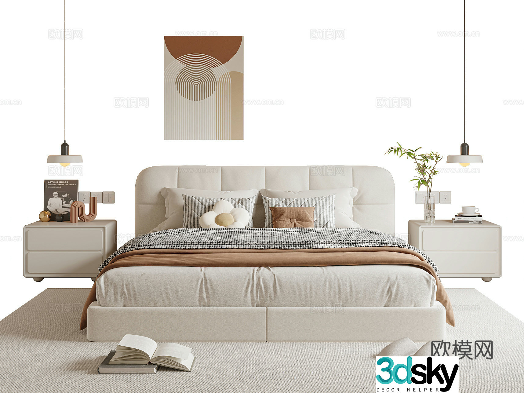 Modern cream style double bed 3d model