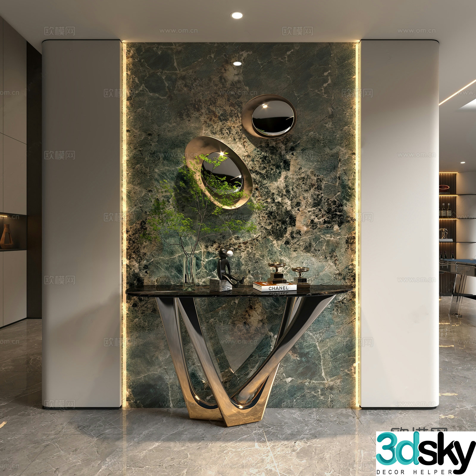 Modern Italian style entrance hall_Light luxury foyer end viewing platform_Entertainment background wall_Light luxury art decorative pendant 3D model