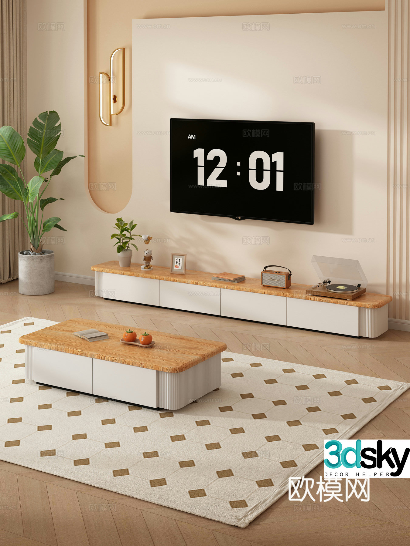 Creamy style tea table TV cabinet ornament combination books decorative painting TV 3d model