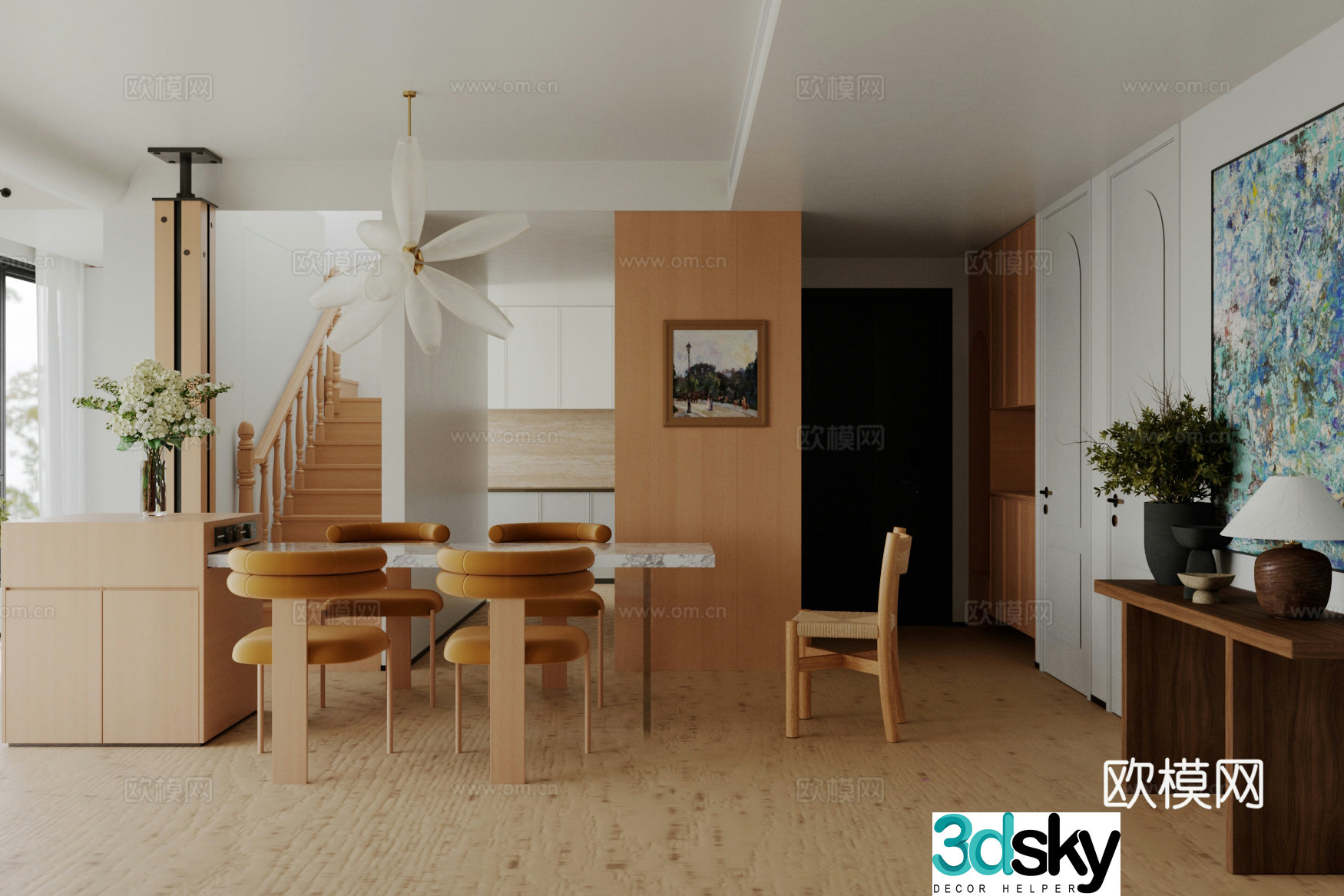Log style home restaurant Log style island restaurant Island dining table and chairs Open restaurant Dining chair 3d model