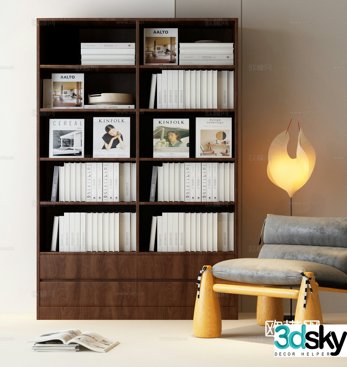 Modern bookcase Medium bookcase Floor lamp Leisure chair Book 3D model