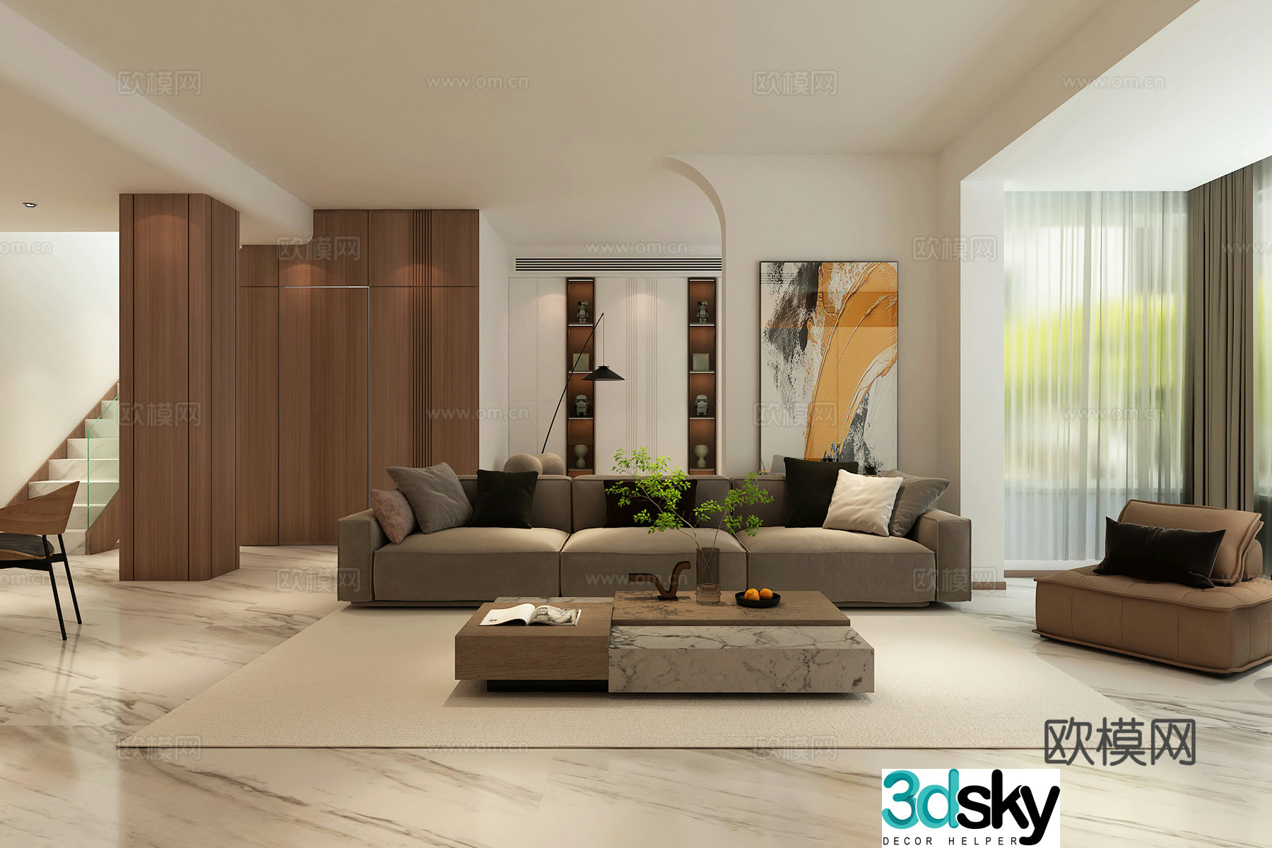 Light luxury medieval modern style duplex wood grain living and dining room study room 3d model