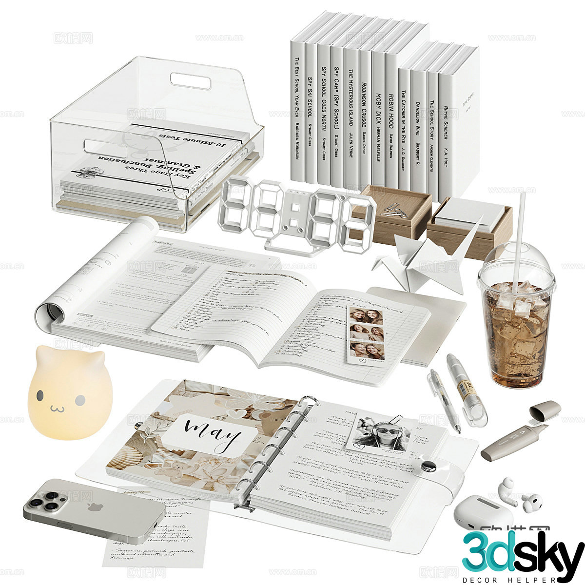 Modern books school supplies mobile phone milk tea 3d model