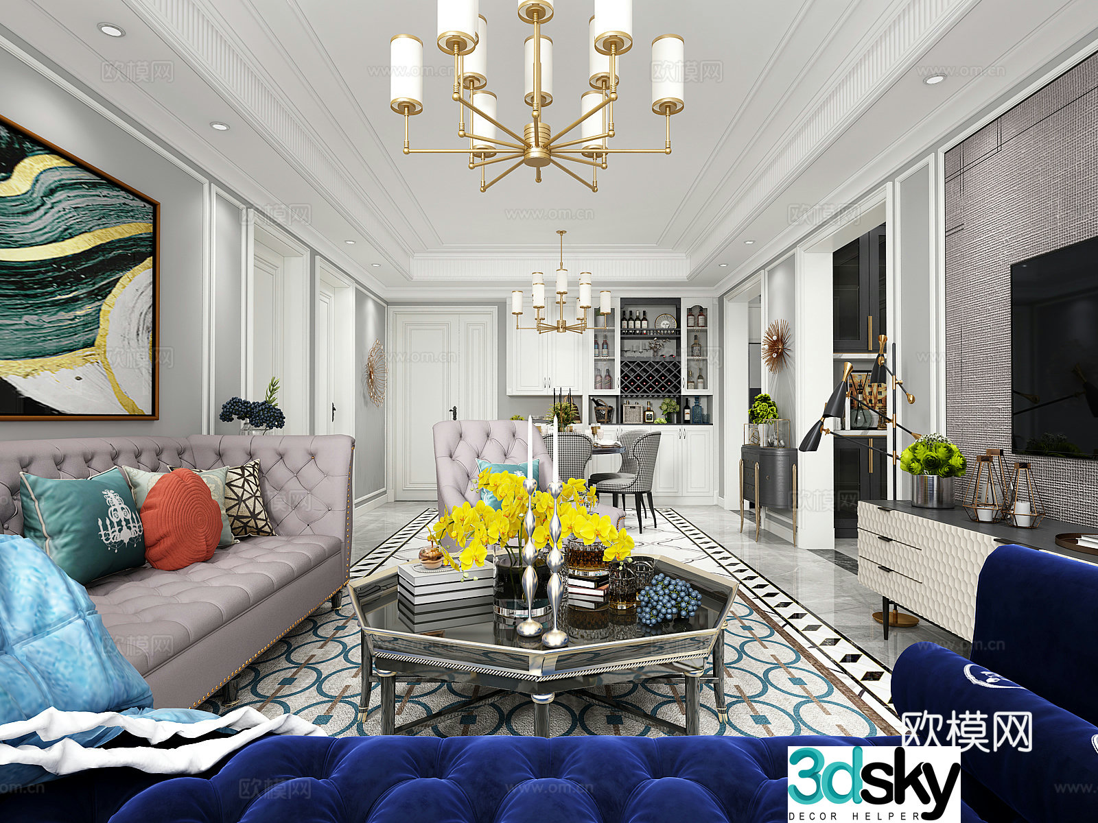 Simple European light luxury living and restaurant 3D model