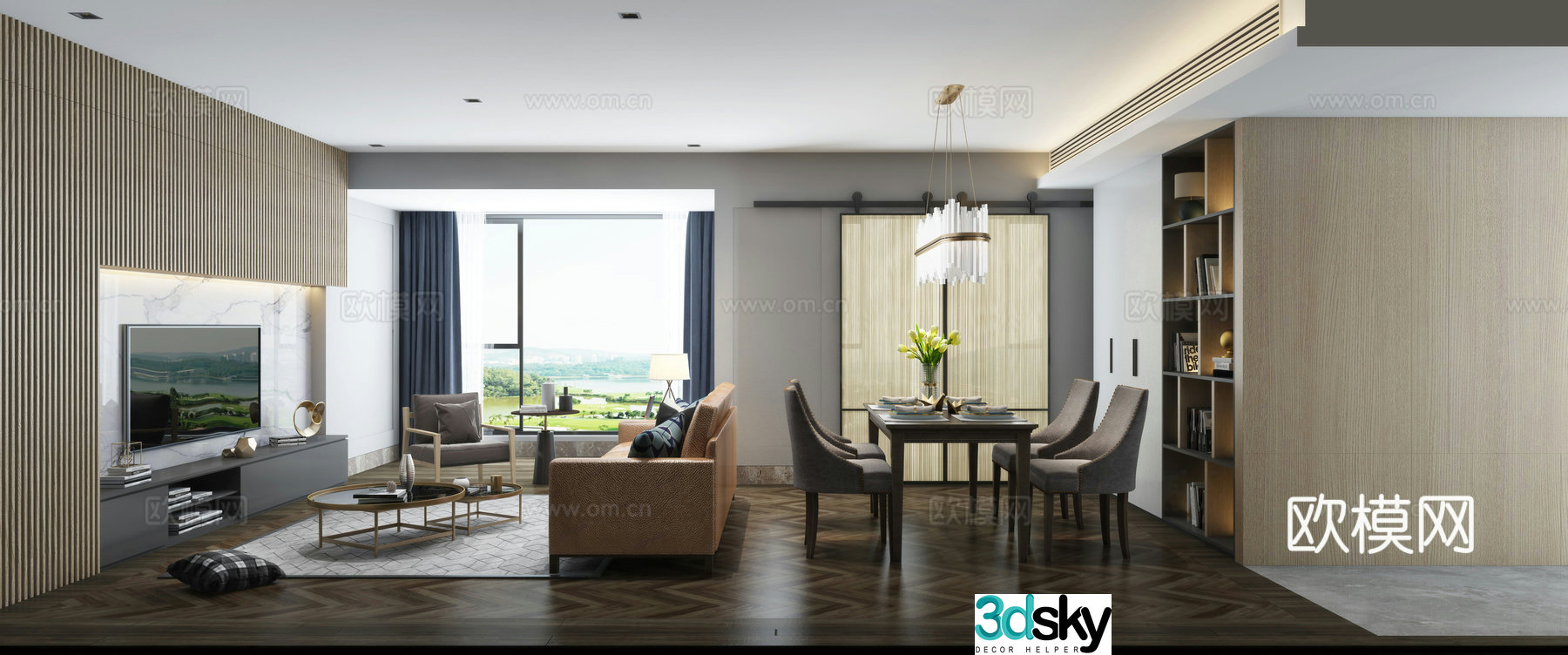 Modern living and dining room sofa chandeliers dining table 3d model