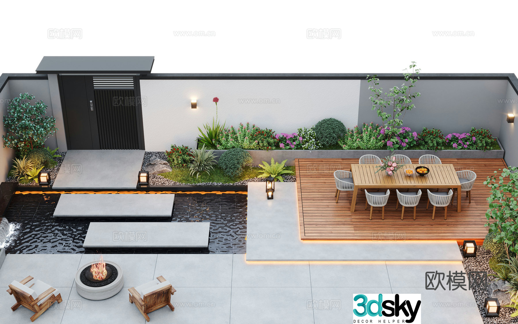 Modern courtyard landscape courtyard garden courtyard water view outdoor leisure chair outdoor dining table 3d model