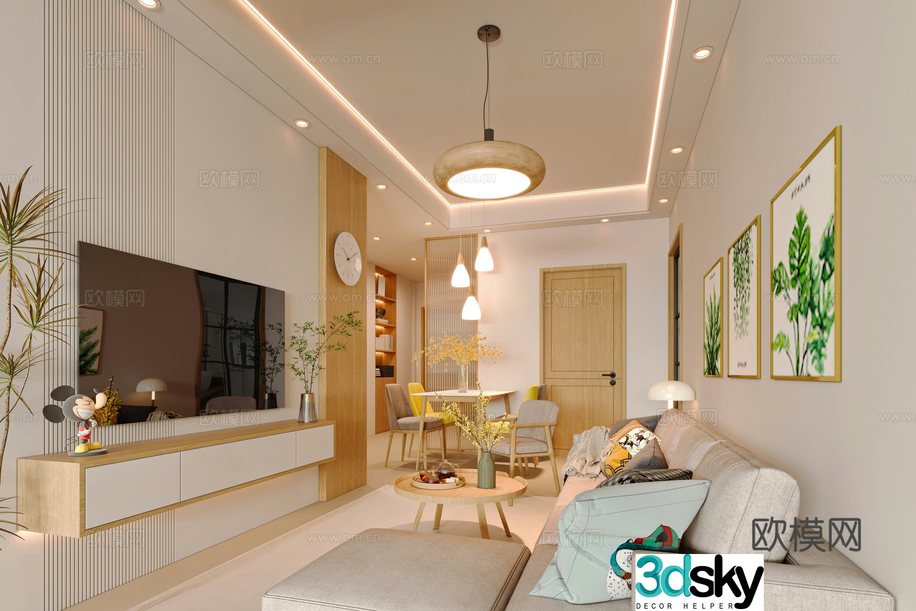 Modern living and dining room 3d model
