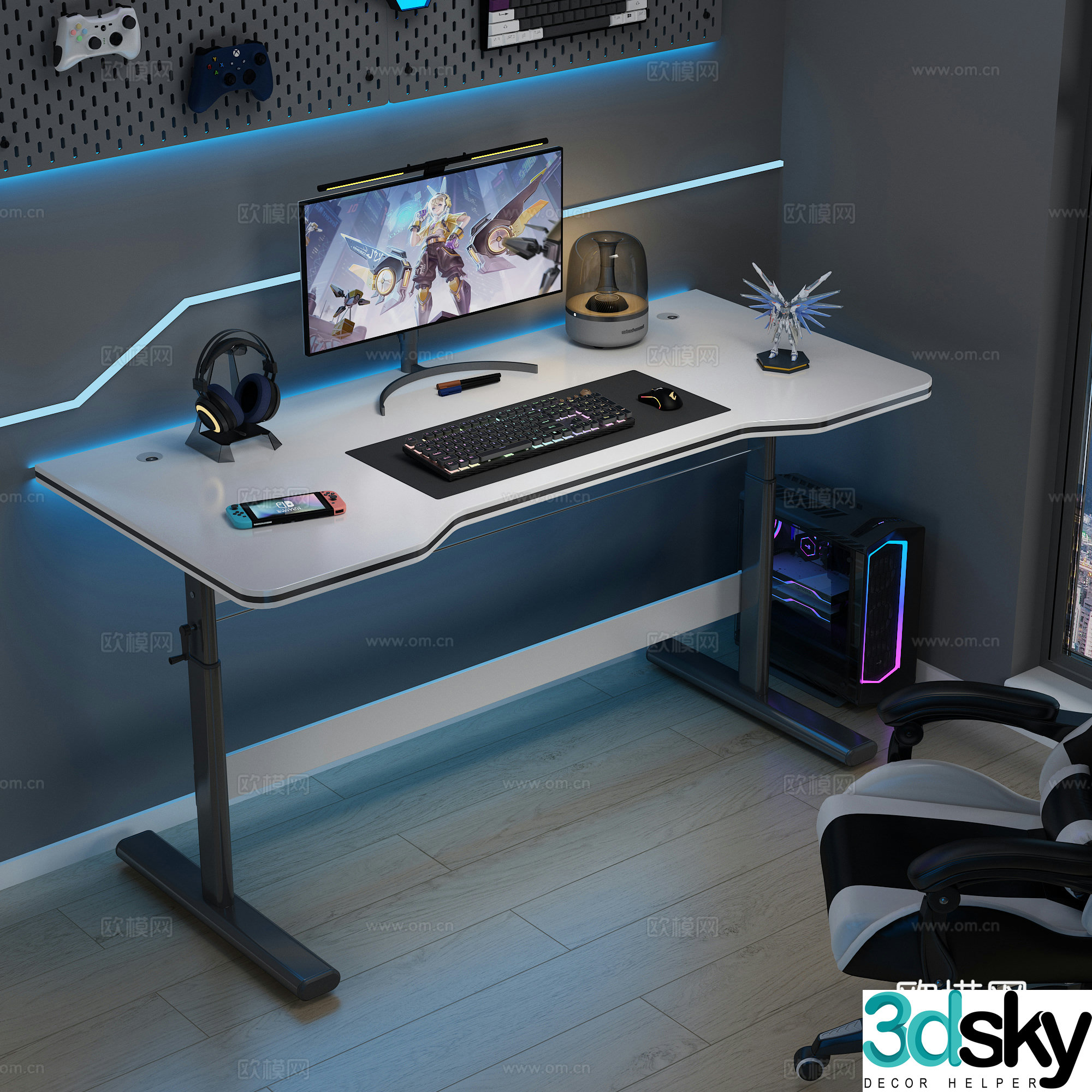 Computer desk and chair desk and chair computer supplies headphones handle audio hole board 3d model